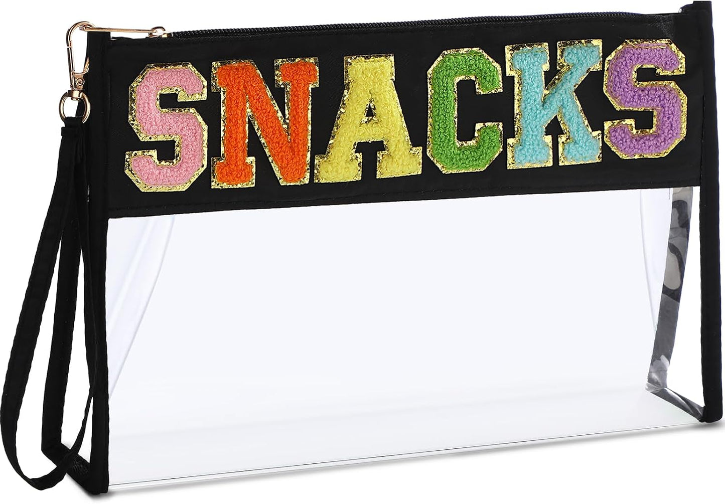 Clear Chenille Letter Makeup Bag - Portable Travel Organizer for Women | Black Cosmetic Pouch with Wrist Strap