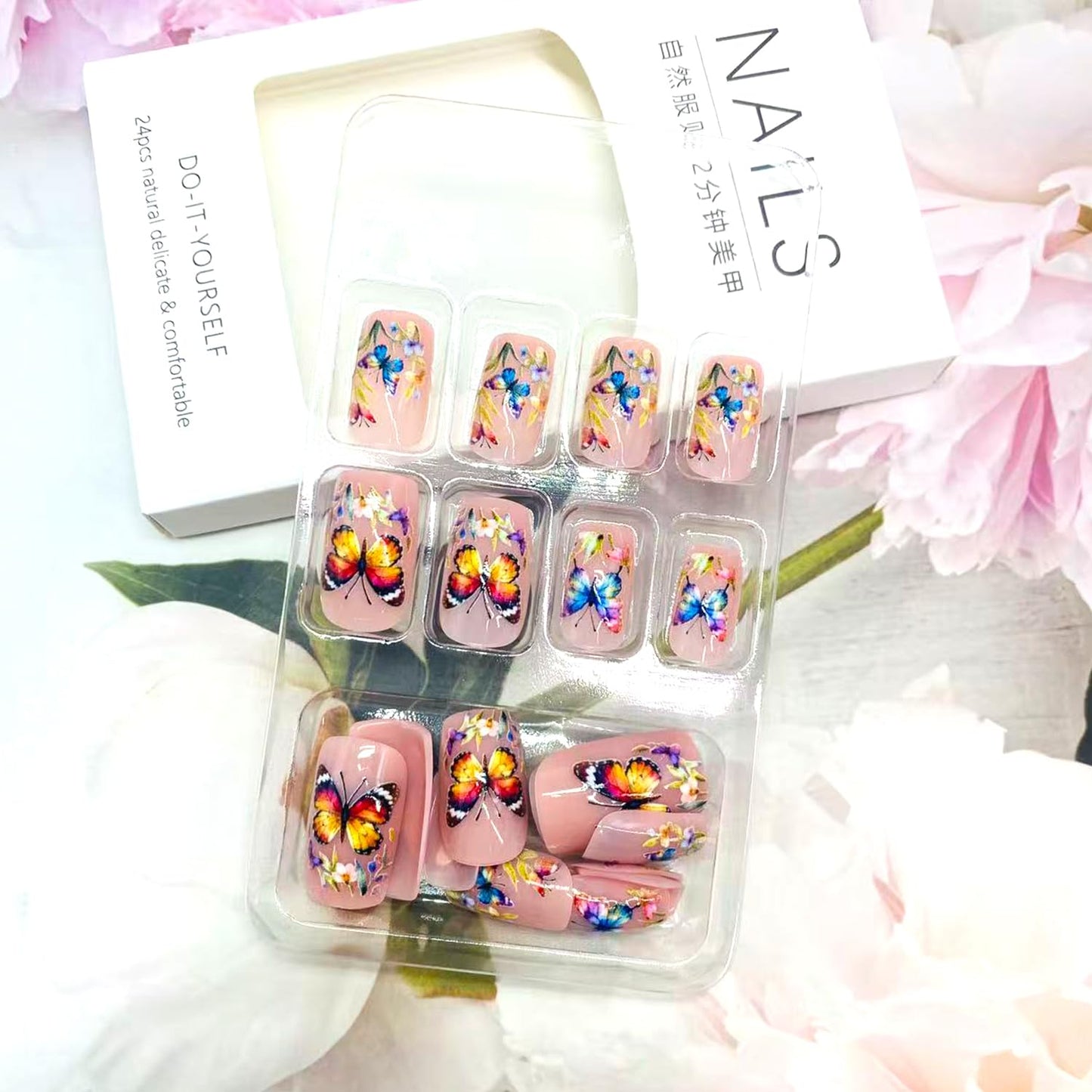 LWTZLW Butterfly Press on Nails Medium Square False Nails Colorful Flower Butterfly Design Full Cover Glue on Nail Summer Floral Reusable Acrylic Fake Nails Glossy Artificial Stick on Nail for Women
