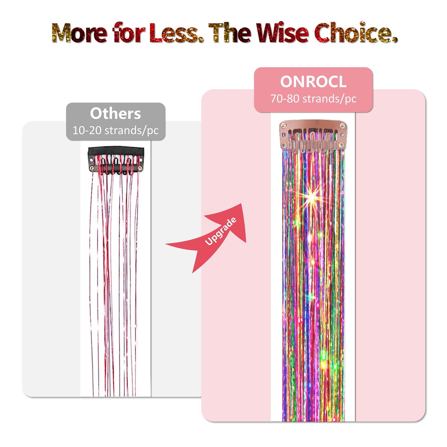 ONROCL Hair Tinsel Clip in Extensions 12Pcs 24 Inch Dreamy Colorful Glitter Hair Tinsel Kit for Fairy Grunge Hair Accessories Women Girls Festival Party Christmas New Year