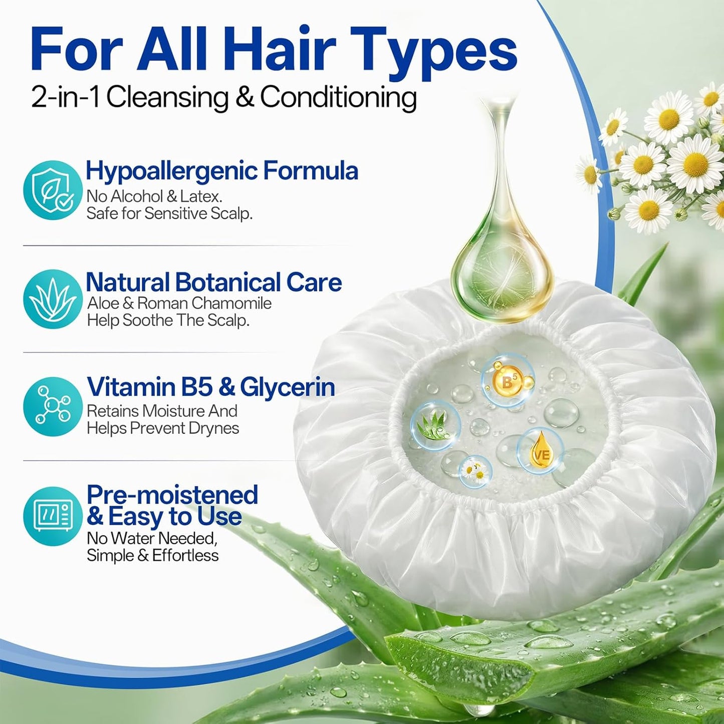 Shampoo Caps - 8 Pack No Water Rinse Microwavable | Waterless Hair Washing for Bedridden Patients & Camping - PH Balanced, Portable