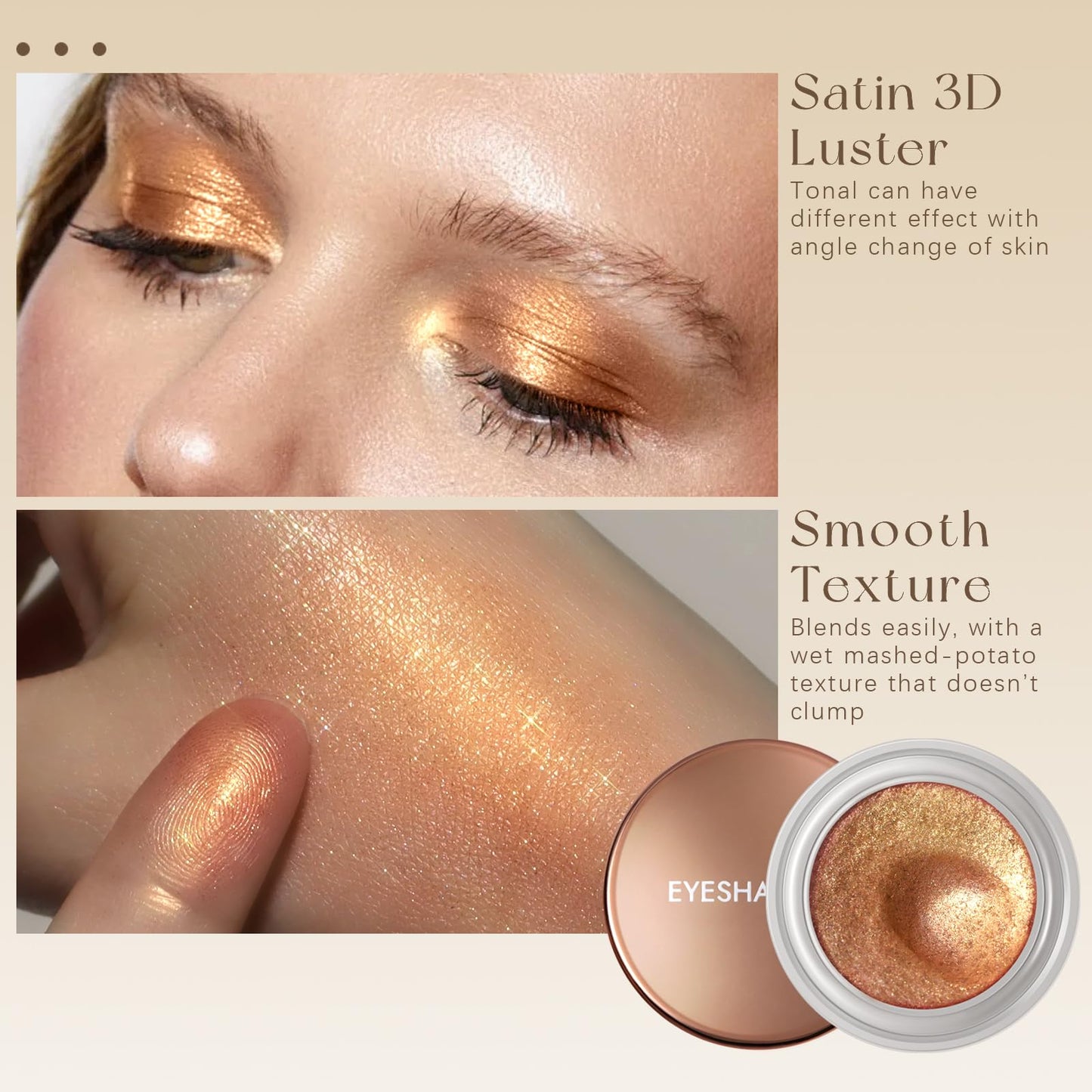 Noerrors Amber Brown Gold Cream Shimmer Eyeshadow Palette, Duochrome Natural Fresh Satin Glossy Finish, Wet Mashed-Potato Bouncy Texture, Pigmented Sparkle Neutral Metallic Glitter Eye Shadow Makeup