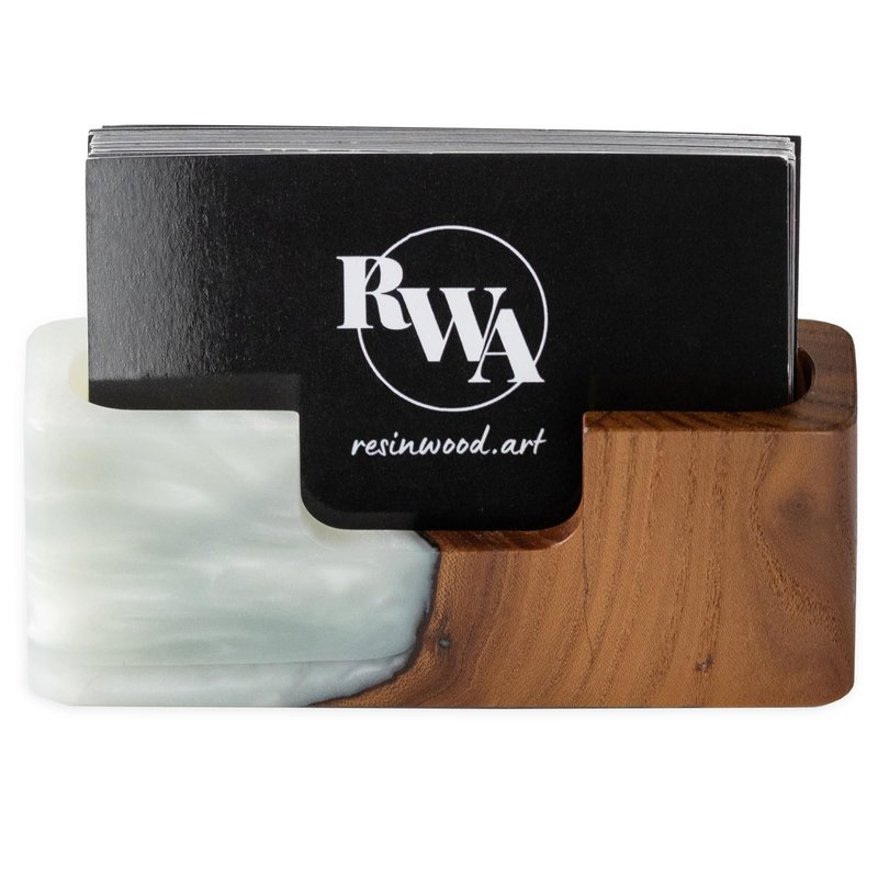 RWA Business Card Holder – Luxury Square Desk Organizer, Stylish Office Decor, Slim Card Holders - Wood & Epoxy Card Display Stand for Men and Women, Office Desk Accessories - SMART, platinum