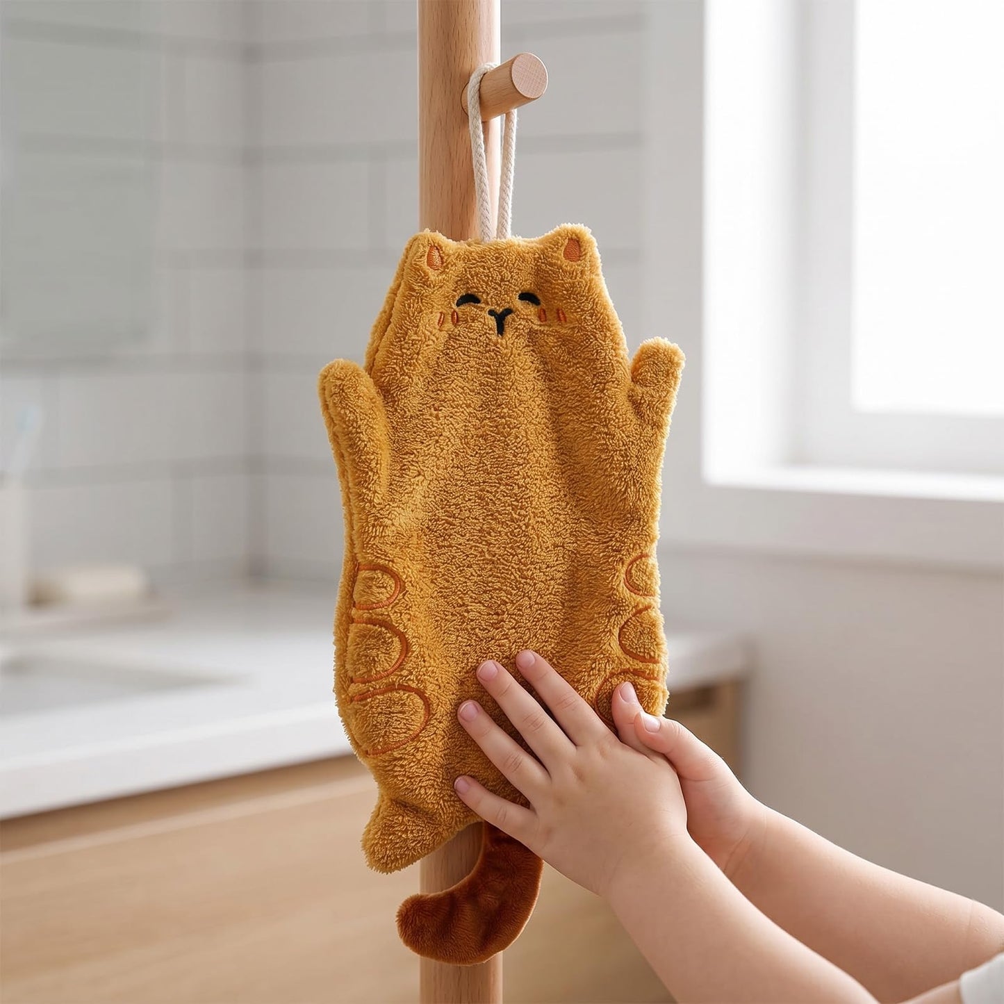 2 Pack Cute Cat Coral Fleece Hanging Hand Towel Ultra Soft Quick Dry Kitchen Bathroom Loop White Yellow Design