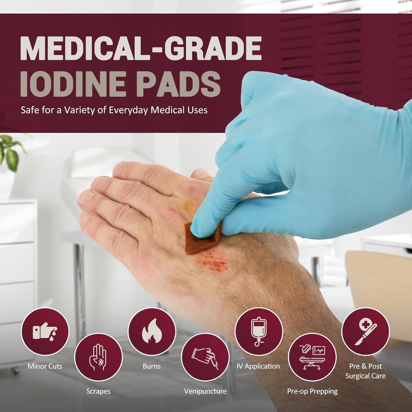 Iodine Wipes - 10% Povidone Iodine Prep Pads | Alcohol-Free Antiseptic, 100 Count