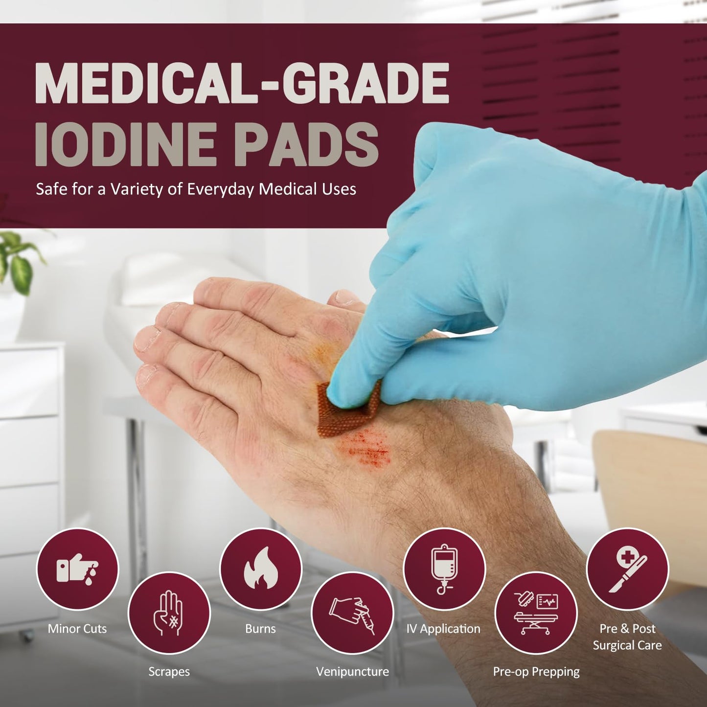 MED PRIDE Individually Wrapped Iodine Wipes, 10% Povidone Iodine Prep Pads, Alcohol-Free Antiseptic for Wounds (100 Count)