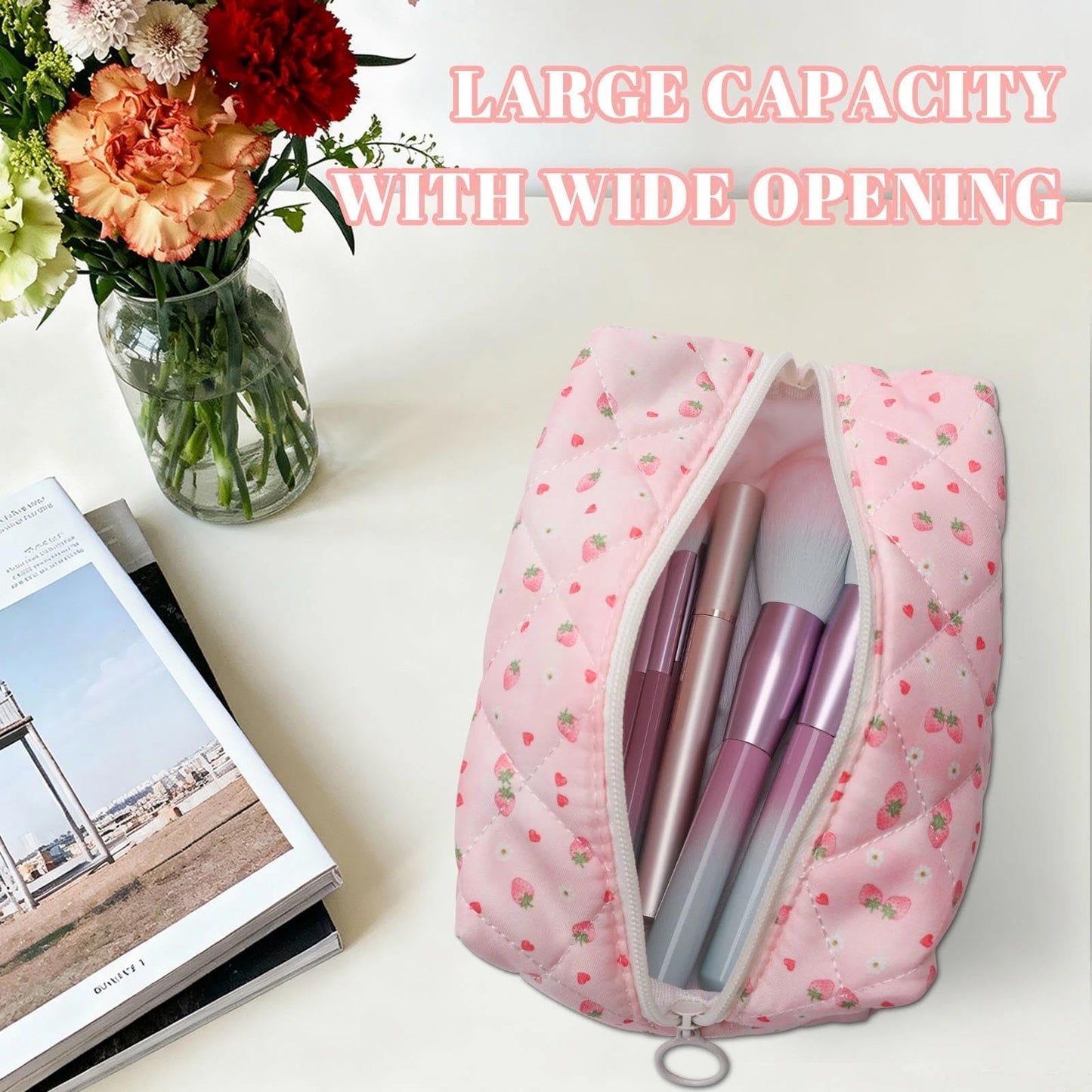 BACDOILQ Pink Quilted Makeup Bag, Strawberry Cotton Cosmetic Bag, Cute Floral Makeup Pouch for Women Girls, Coquette Aesthetic Organizer Bags Travel Toiletry Bags