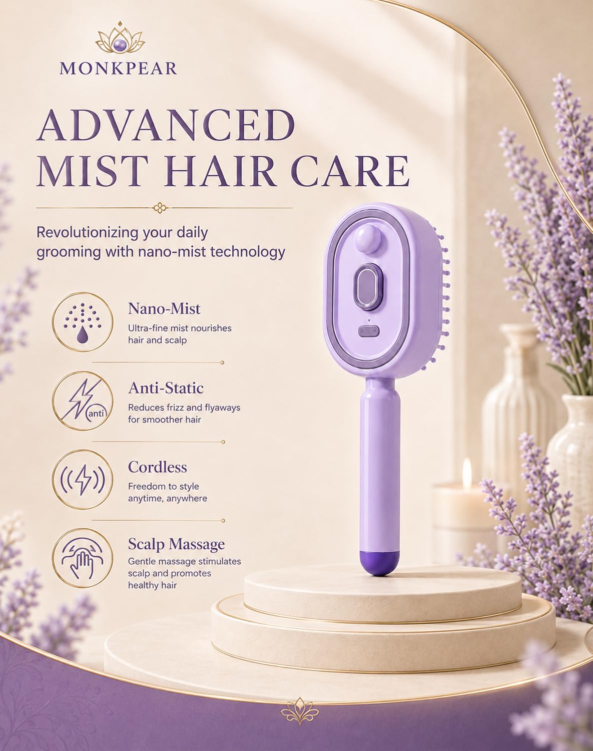 Electric Spray Air Cushion Massage Comb, Self-Cleaning Anti-Tangle Hair Brush, Anti-Static Volumizing Mist Brush, Rechargeable Scalp Comb for Frizz Control, Smooth Shine & Daily Care (Purple)