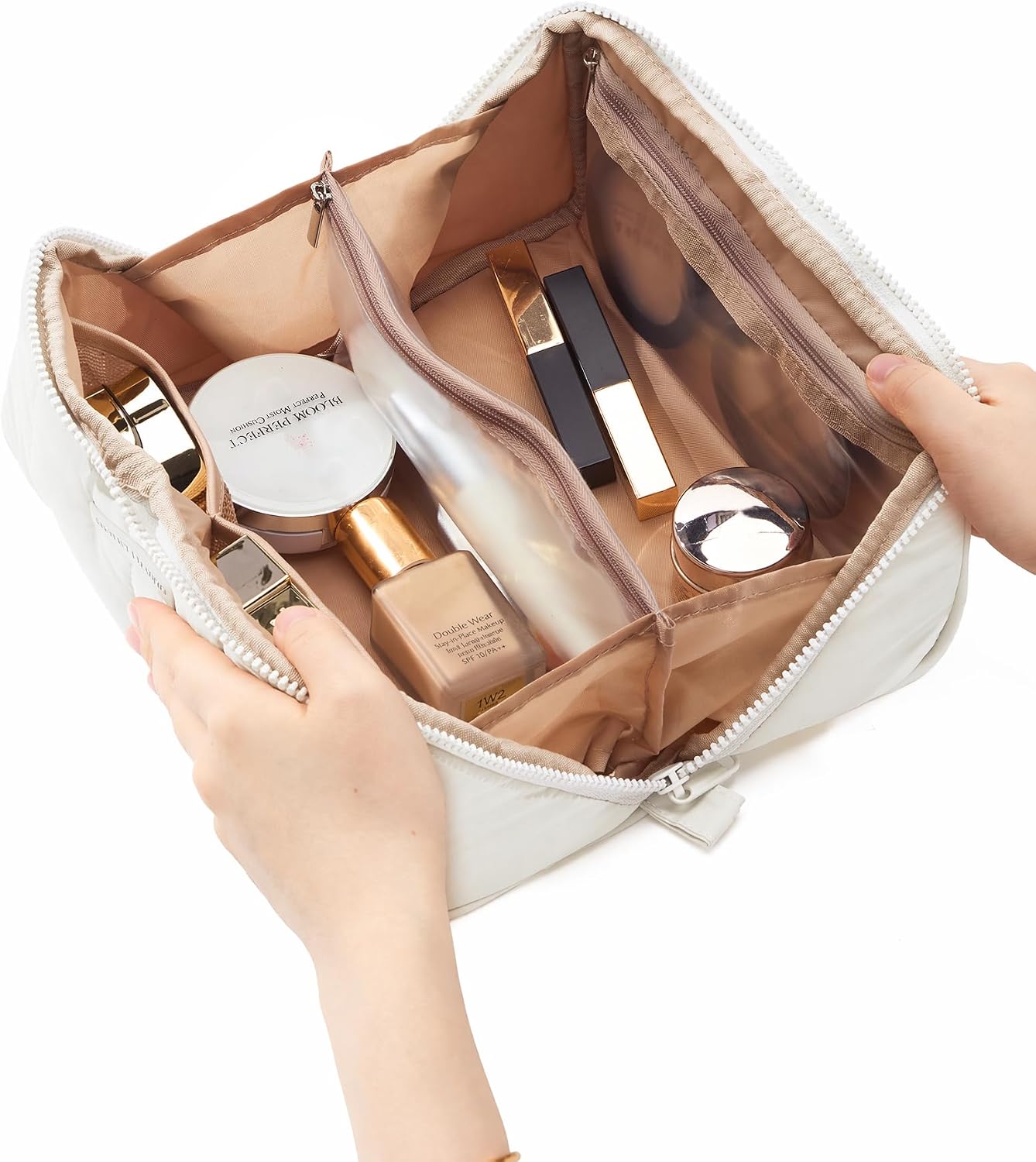 Travel Makeup Bag for Women - Fluffy Lightweight Open Flat Organizer | Multiple Dividers, Beige