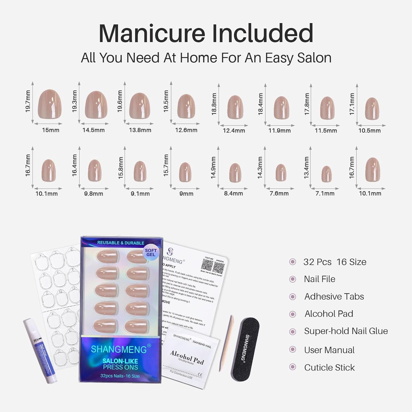 Chrome Press On Nails - Oval Soft Gel Nude Short for Women | 32 Reusable Glossy Glue-On Nails in 16 Sizes