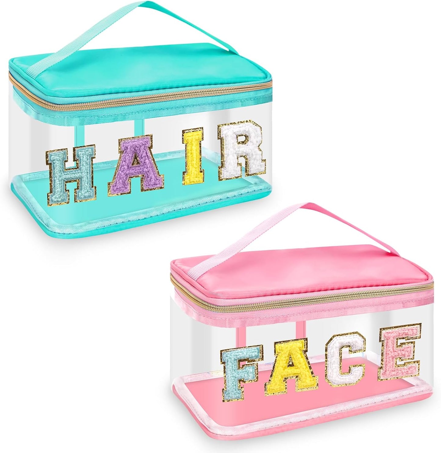 Clear Makeup Bag - Chenille Letter Hair Pouch | Waterproof Glitter Cosmetic Handbag for Travel - Green
