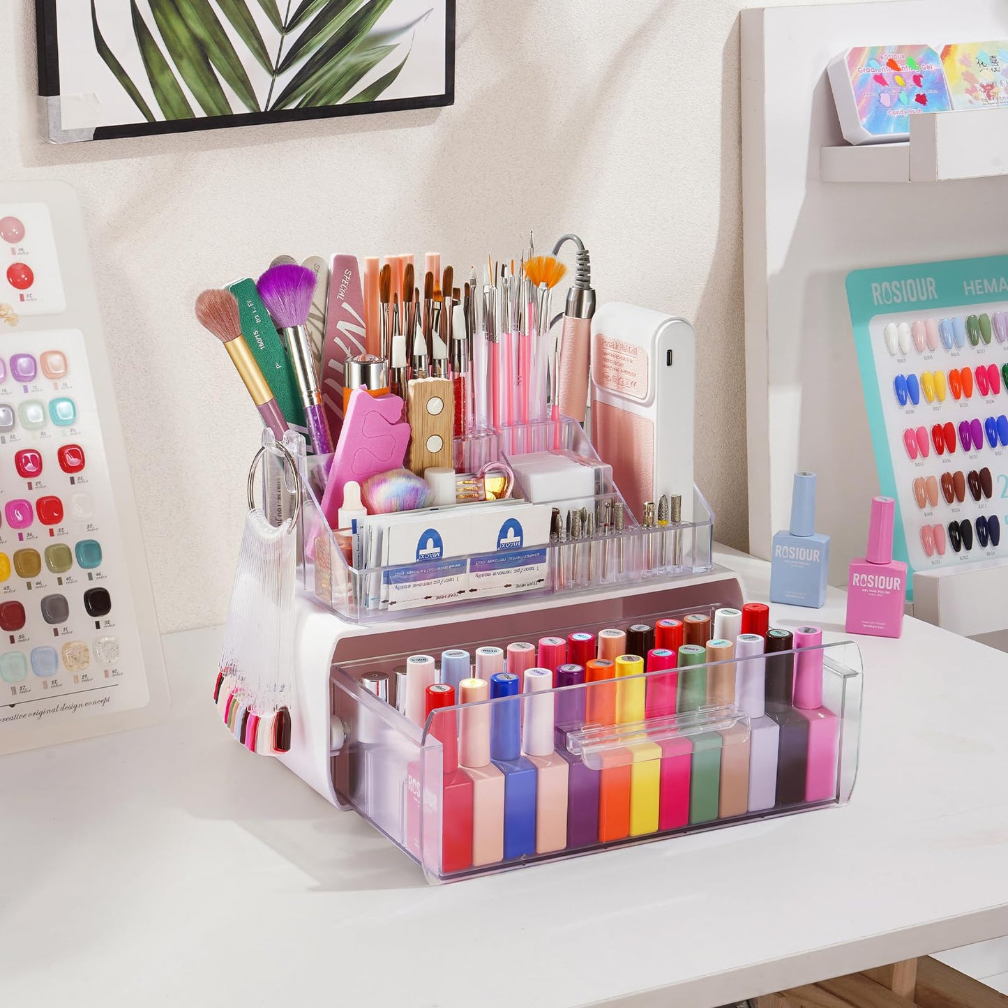 2-Tier Nail Tech Desk Organizer with Drawer for Polish, Brushes, Drill Bits
