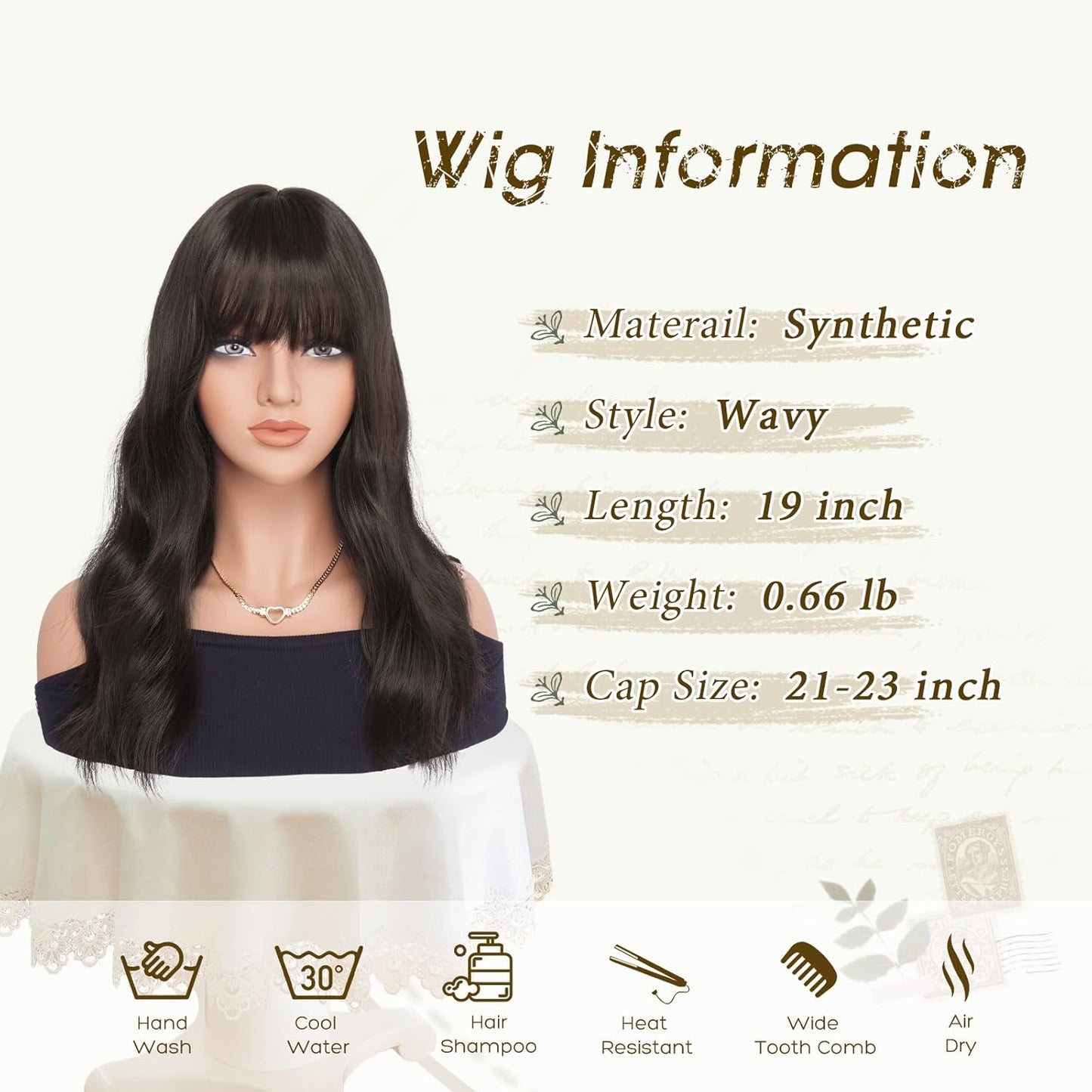 Brown Wigs with Bangs - 19-Inch Natural Wavy Synthetic Hair for Daily Wear | Dark Brown