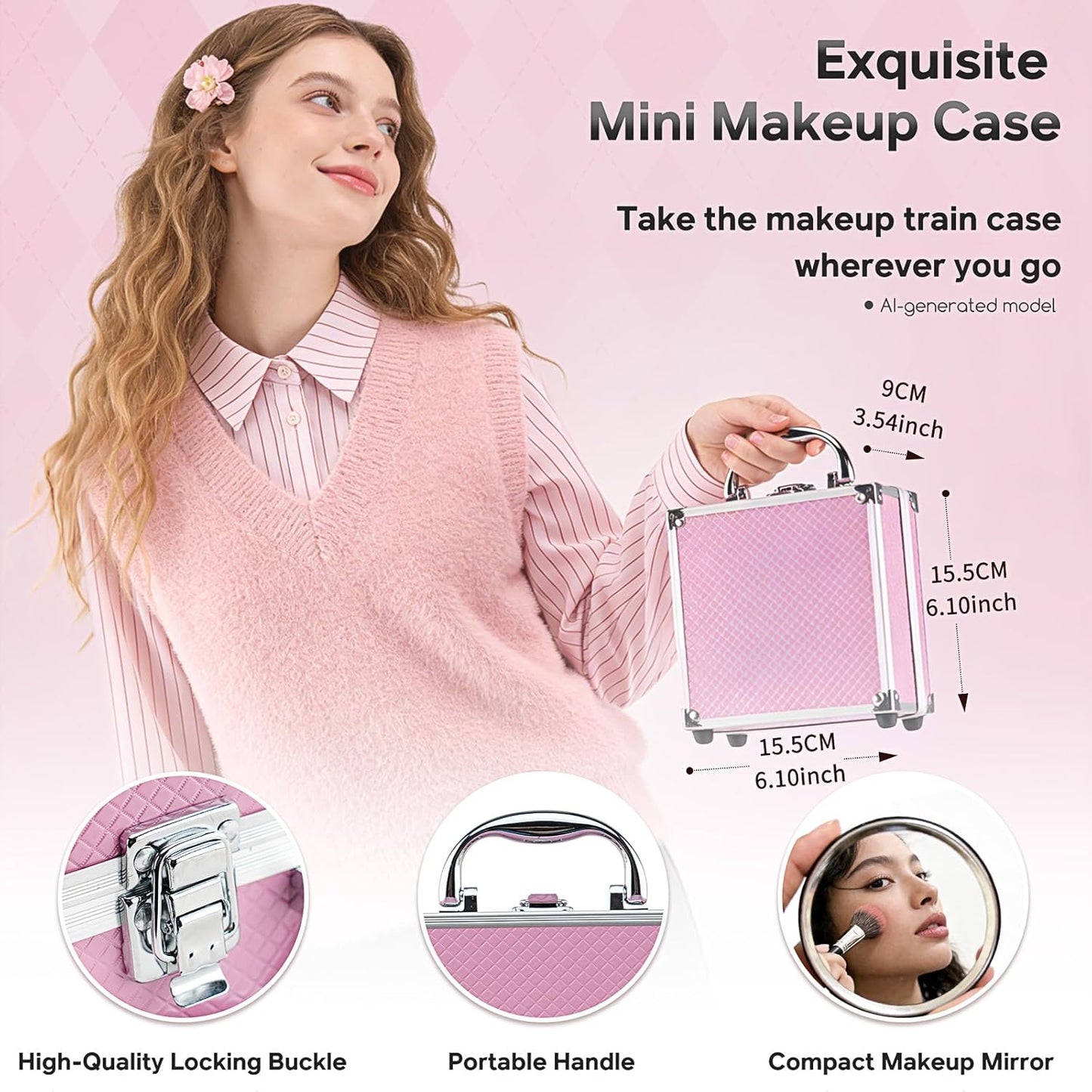 Beginner Makeup Kit for Teens - 24-Color Eyeshadow Palette, Blush, Bronzer & Brushes | Pink Cosmetic Train Case Included
