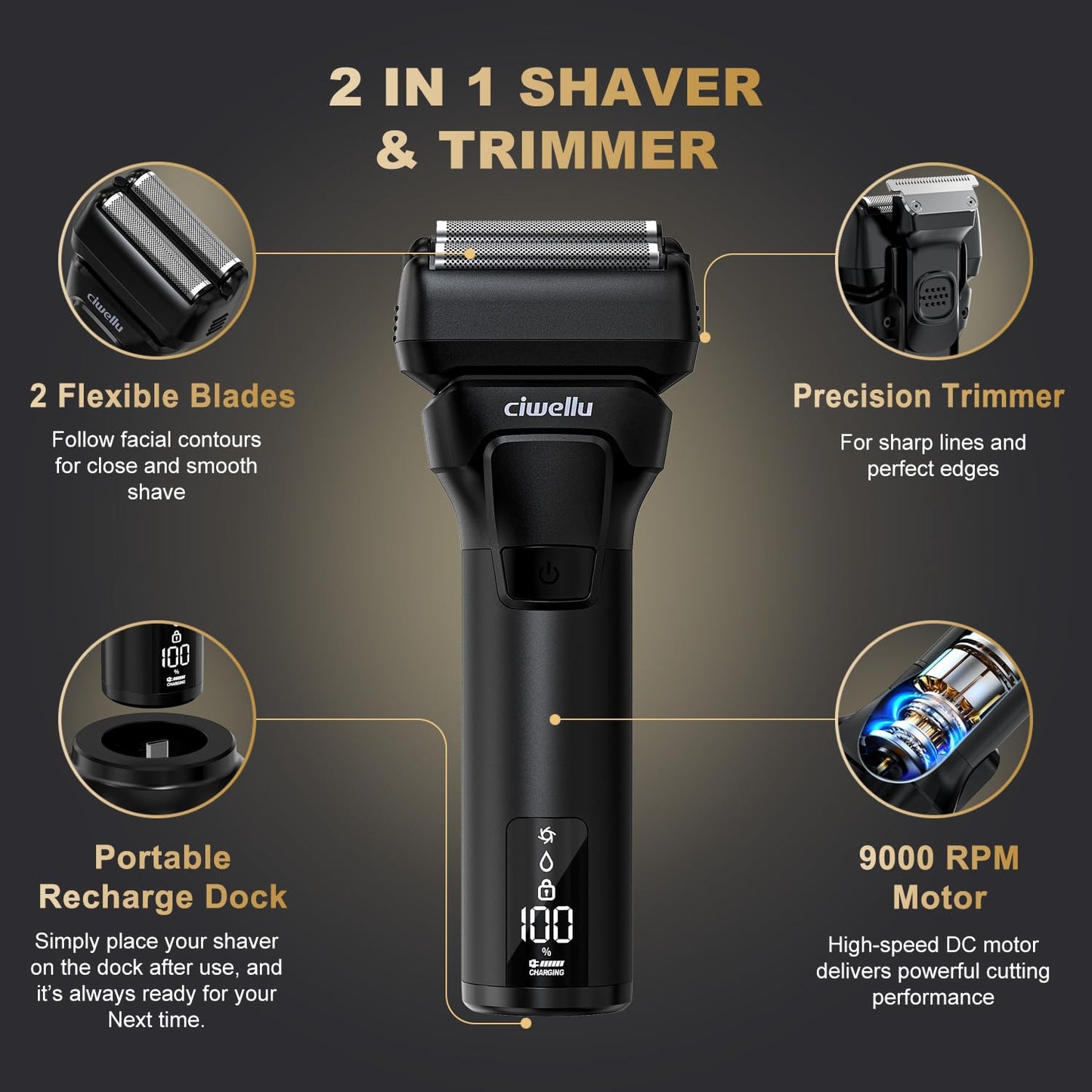 Foil Shaver for Men with Pop-Up Trimmer, 9000 RPM Electric Razor for Men's Face Close Shave, Cordless Wet/Dry Shaver for Sensitive Skin, USB-C Rechargeable &180 Min Runtime,Metal Body, Travel Lock