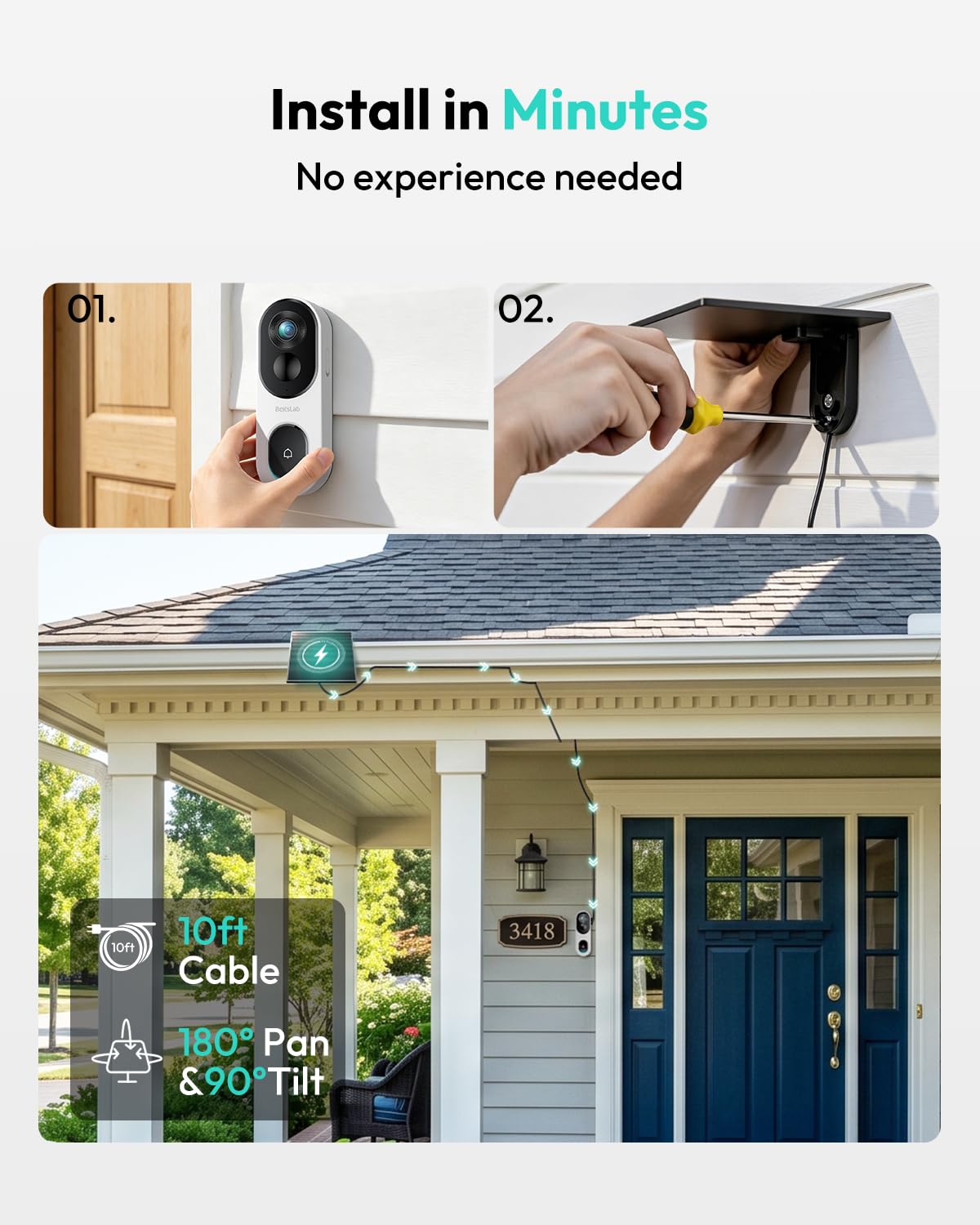 BOTSLAB Solar Powered Doorbell Camera Wireless, No Subscription Required, 2K Video Doorbell with Head-to-Toe View, Package Detection, Human Detection, 2-Way Audio, Easy Installation, 2.4GHz WiFi Only