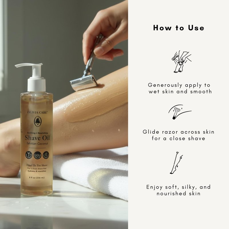Tahitian Coconut Shave Oil, Moisturizing Razor Glide Oil for Smooth Close Shave, Hydrating Pre-Shave & Shaving Oil for Legs, Body & Bikini Area, Safflower & Coconut Oil Formula, 8 fl oz