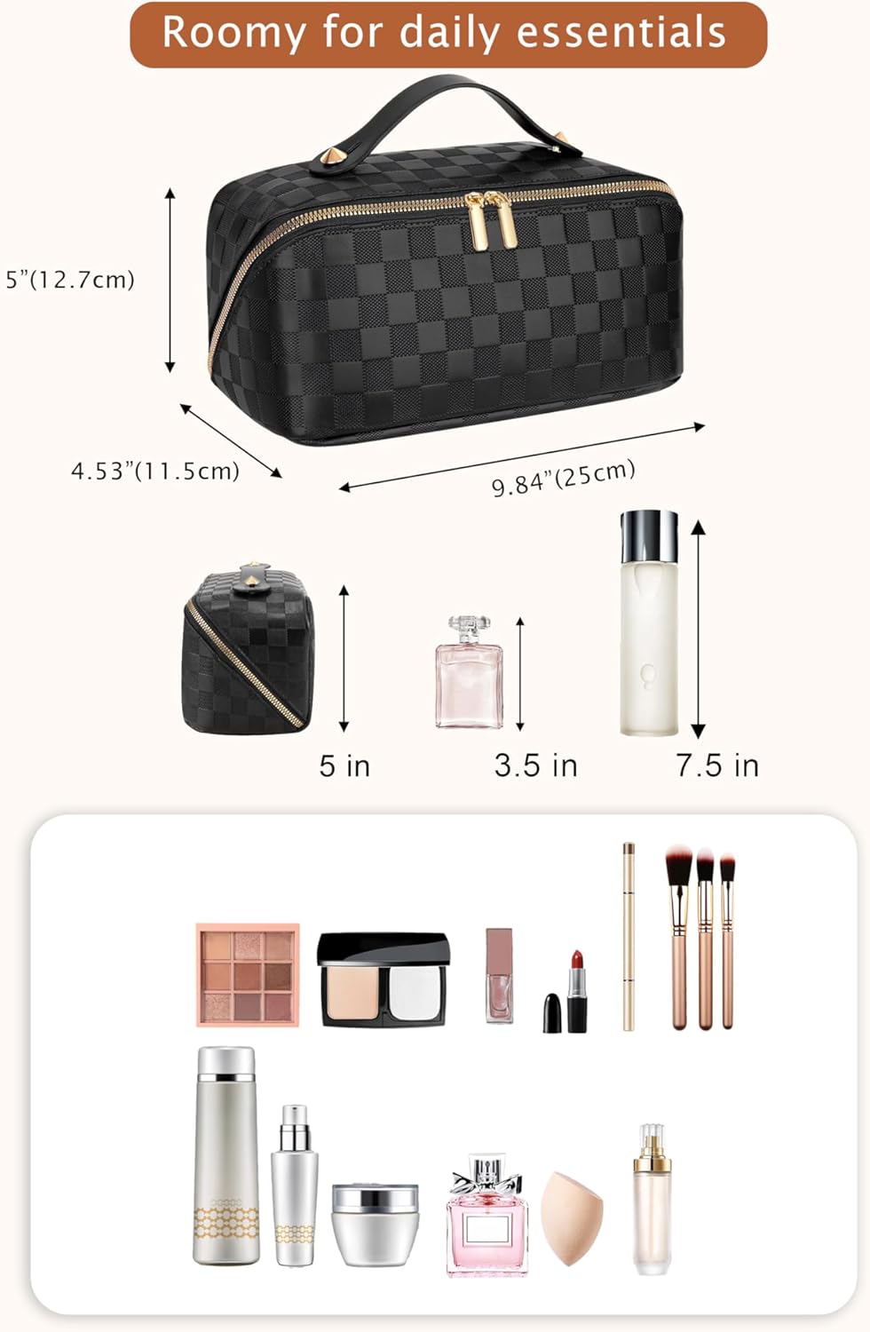 Large Capacity Travel Cosmetic Bag - Waterproof PU Leather Makeup Organizer with Dividers | Stylish Checkered Design