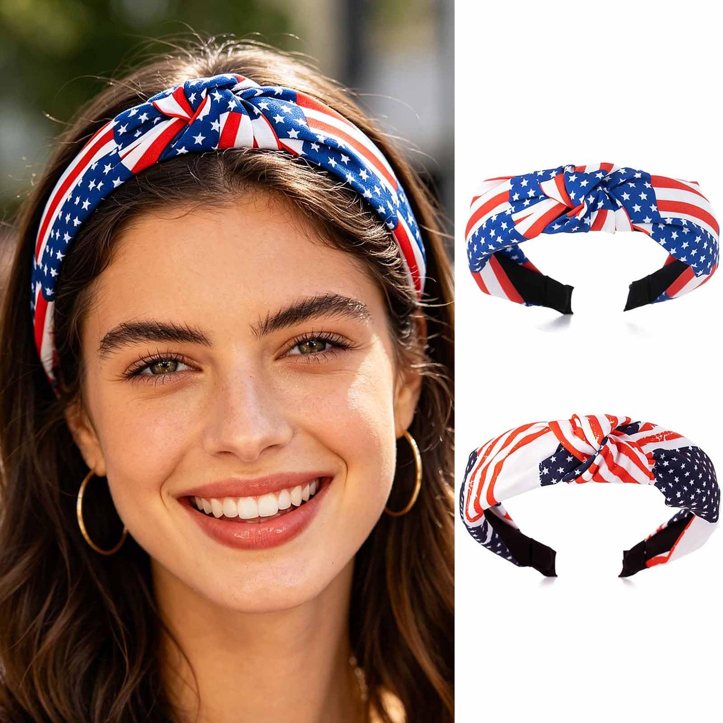Acenail 4th of July Headbands USA Patriotic Hairbands American Flag Red White Blue Stars Headband Wide Knotted Non Slip Head Bands Independence Day Hair Accessories for Women 2Pcs (USA B)