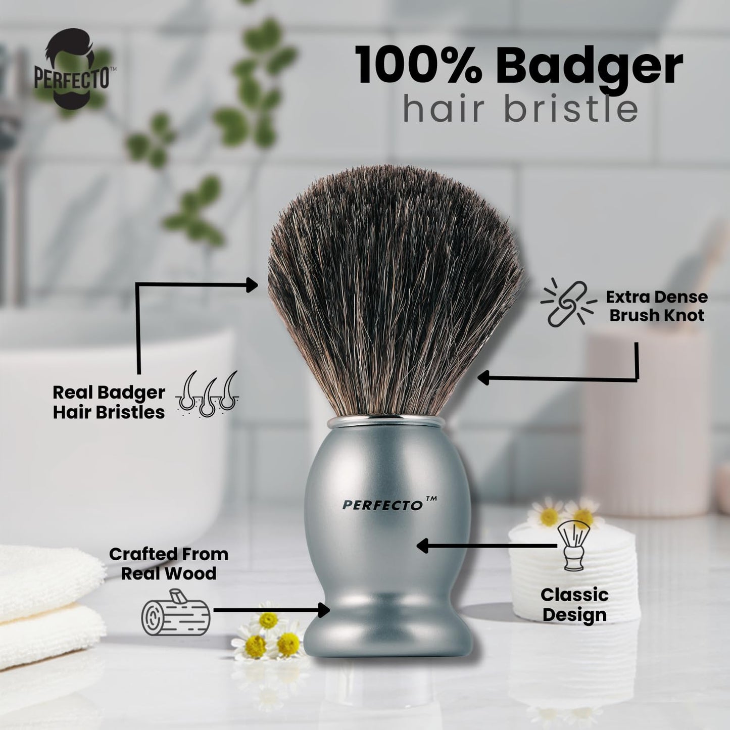 Perfecto 100% Original Pure Badger Shaving Brush, Engineered for The Best Gift For Him. All Methods, Safety Razor, Double Edge Razor, Straight Razor, Shaving Razor, Gift for Men
