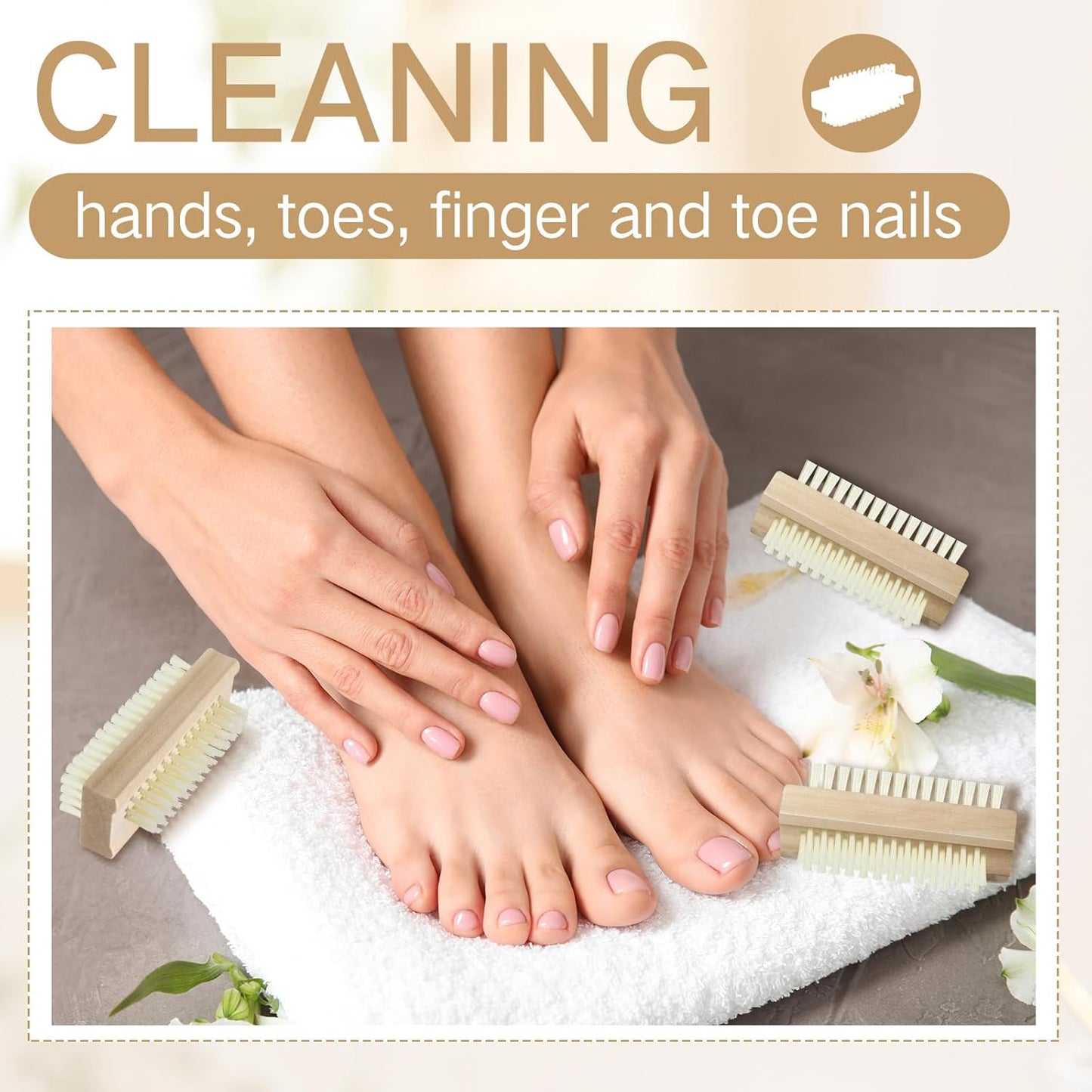 Wooden Nail Brush Set - 48 Pack Two-Sided Heavy Duty Stiff Scrubbers for Fingernails & Toes | Non-Slip Design