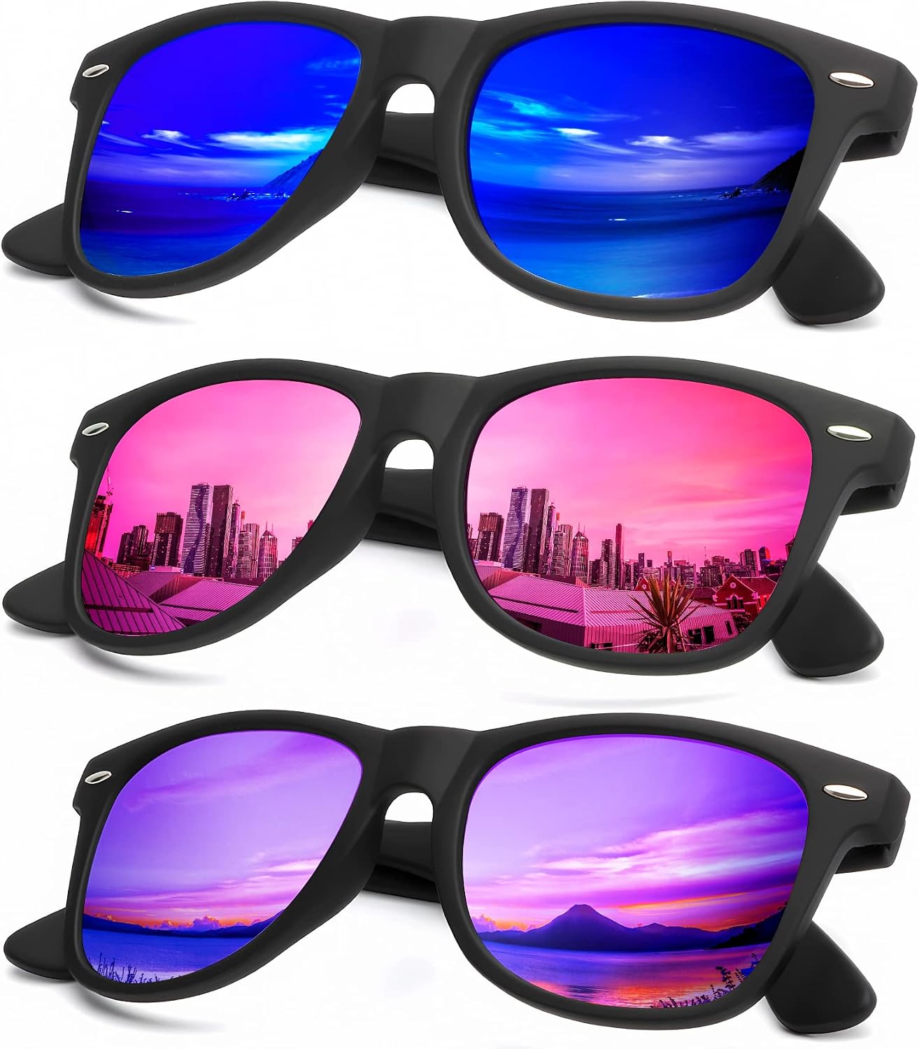 KALIYADI Polarized Sunglasses - Matte Finish, UV Blocking, Color Mirror Lenses | 3-Pack for Men & Women