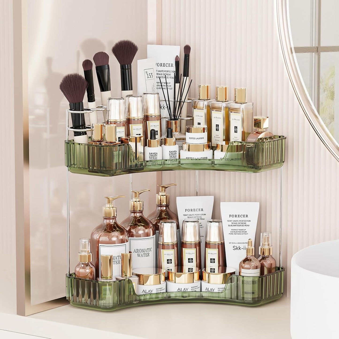 2-Tier Corner Bathroom Counter Organizer - Clear Makeup & Skincare Holder | Toothbrush & Brush Storage