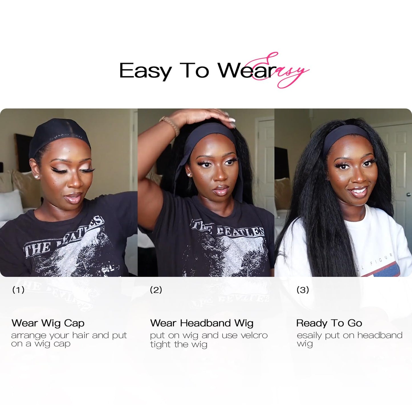 Woman's Romance Headband Wig For Black Women Kinky Straight Headband Wig Human Hair 180% Density Yaki Straight Headband Wigs Wear and Go Glueless Wig Human Hair Machine Made Natural Black (20in)