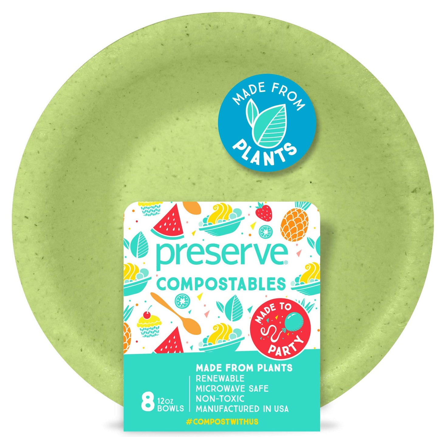 Preserve Made in the USA Compostable Bowls, 12 Ounce Capacity, 8 Count, Green