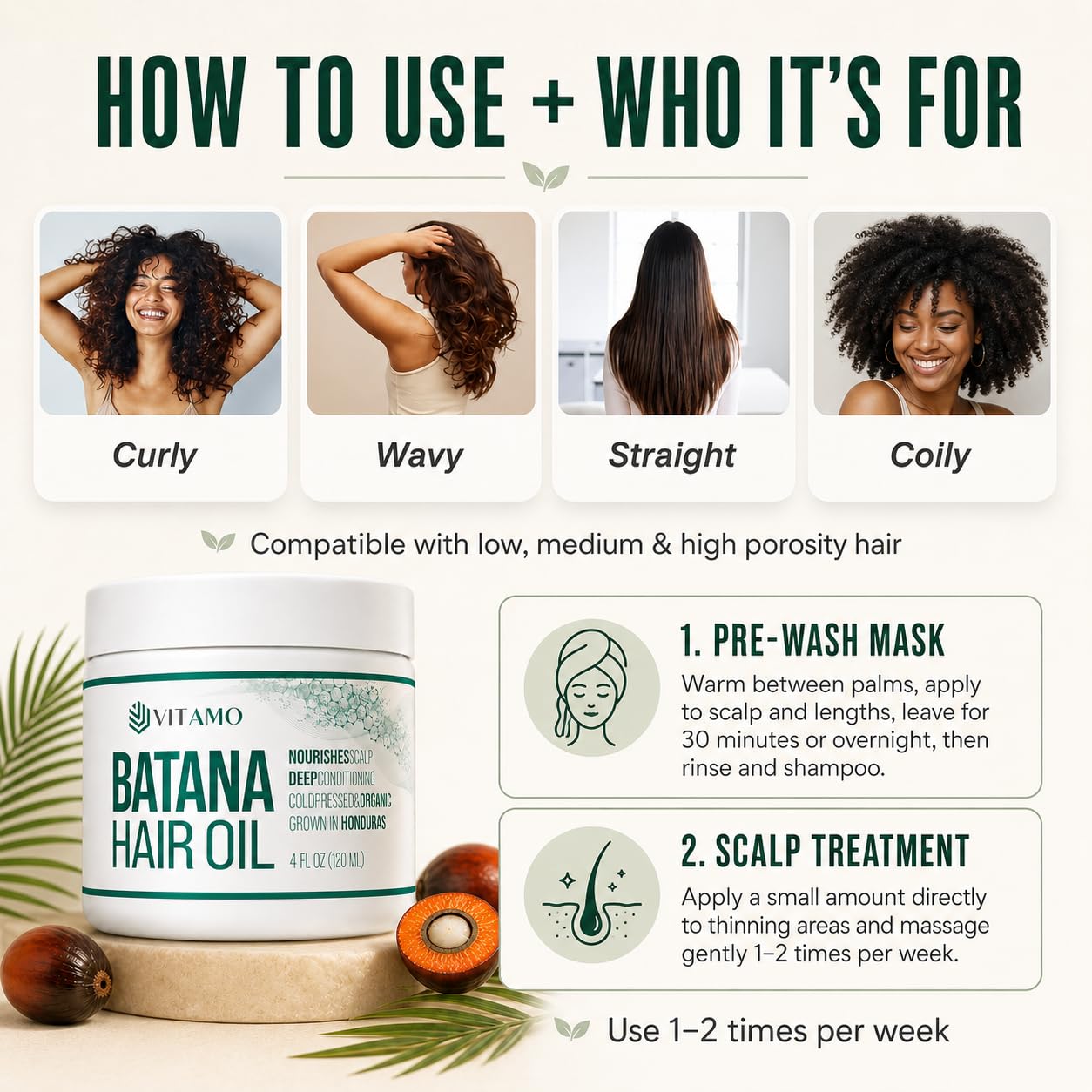 Vitamo 100% Organic Batana Natural Hair Growth Oil | Pure Elaeis Oleifera | Cold Pressed for Maximum Potency | Dr. Sebi Inspired Scalp & Hair Shine Treatment for Men and Women | No Burnt Smell
