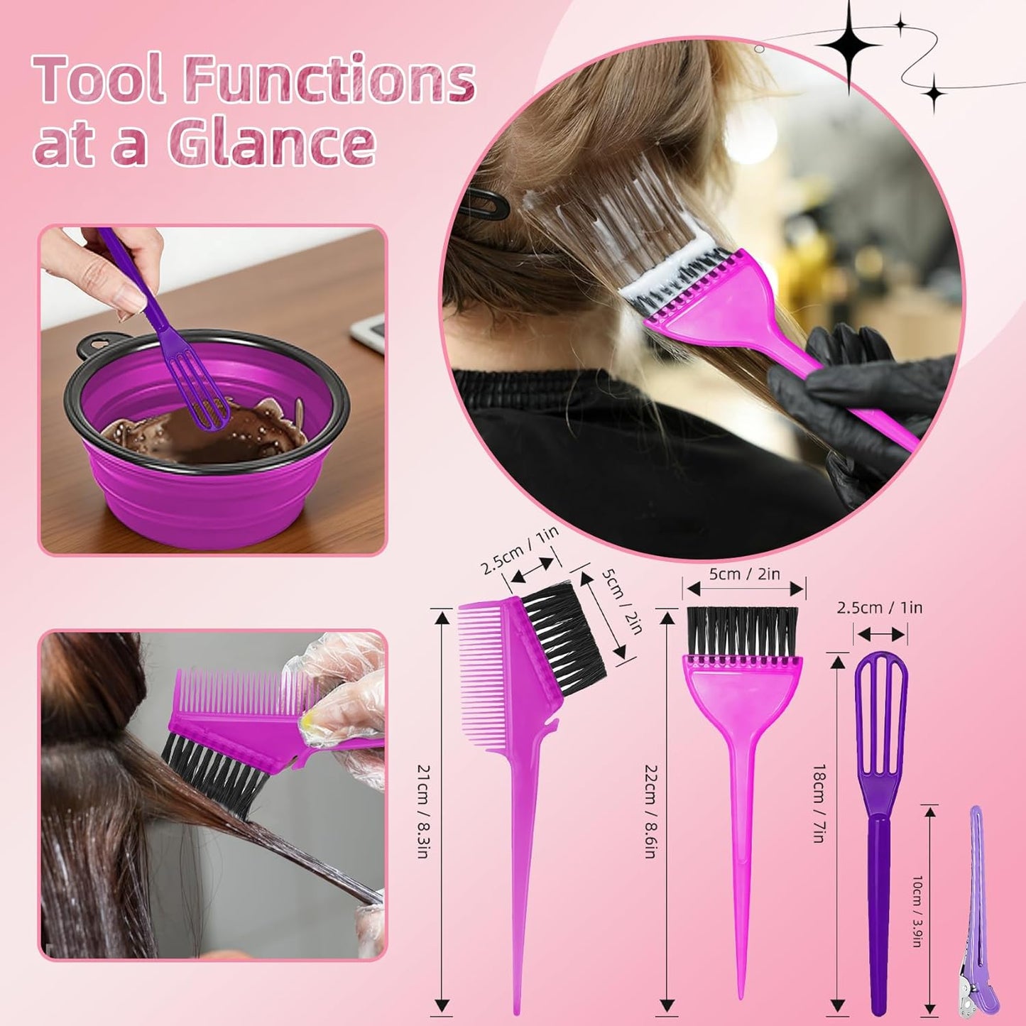 Hair Coloring Kit - 8 Professional Dye Tools for Home Salon Use | Bowl, Brush, Comb, Clips, Gloves & Cap - Purple