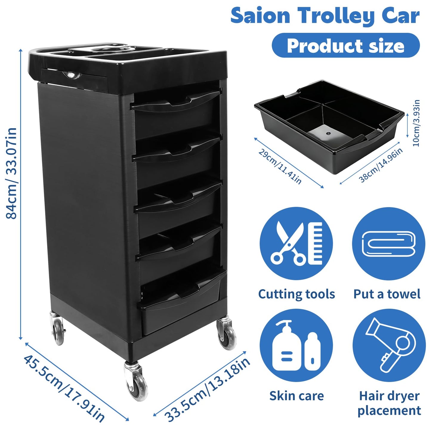 EBANKU Salon Beauty Rolling Trolley Cart Black Hair Salon Storage Cabinet Barber Organizer Tool Multi Drawers Rolling Cart with 4 Universal Wheels Hair Salons Supplies