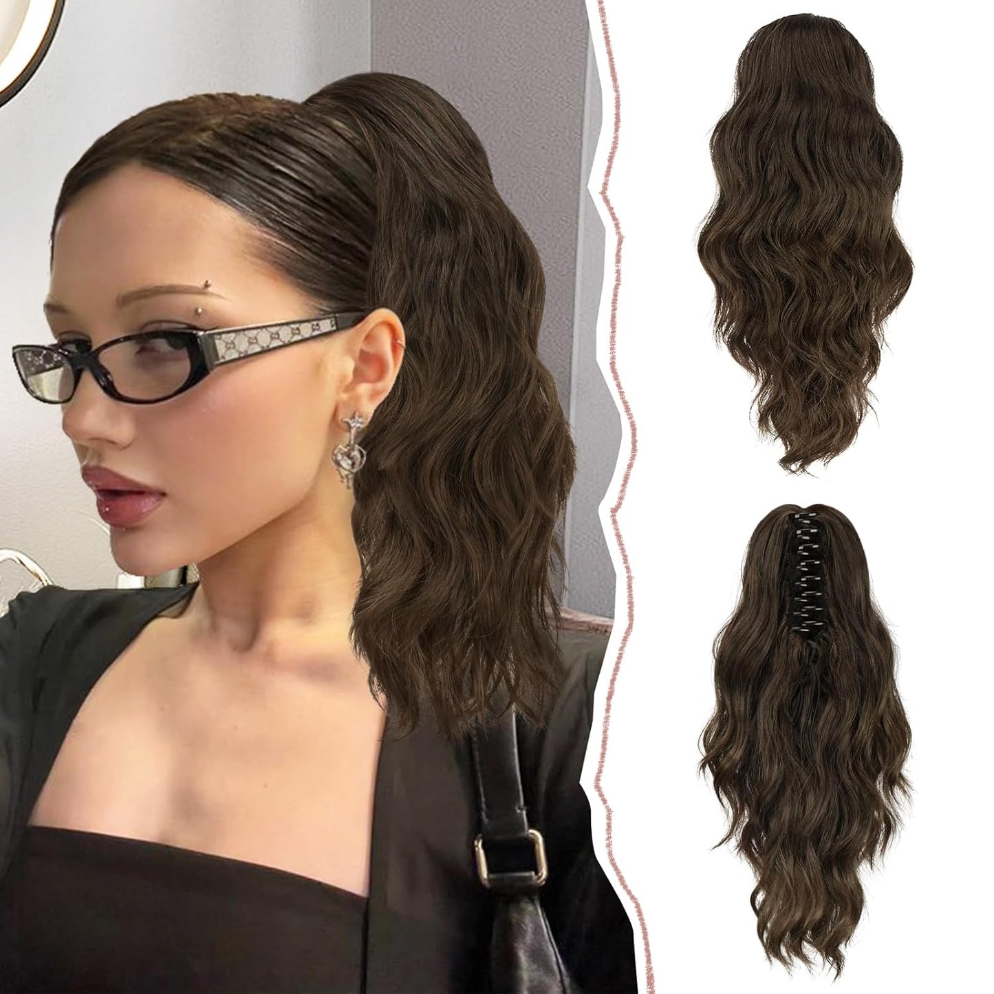 Ponytail Extension - Short Wavy Claw Clip-In Synthetic Hairpiece | Black Layered Curly Drawstring for Women