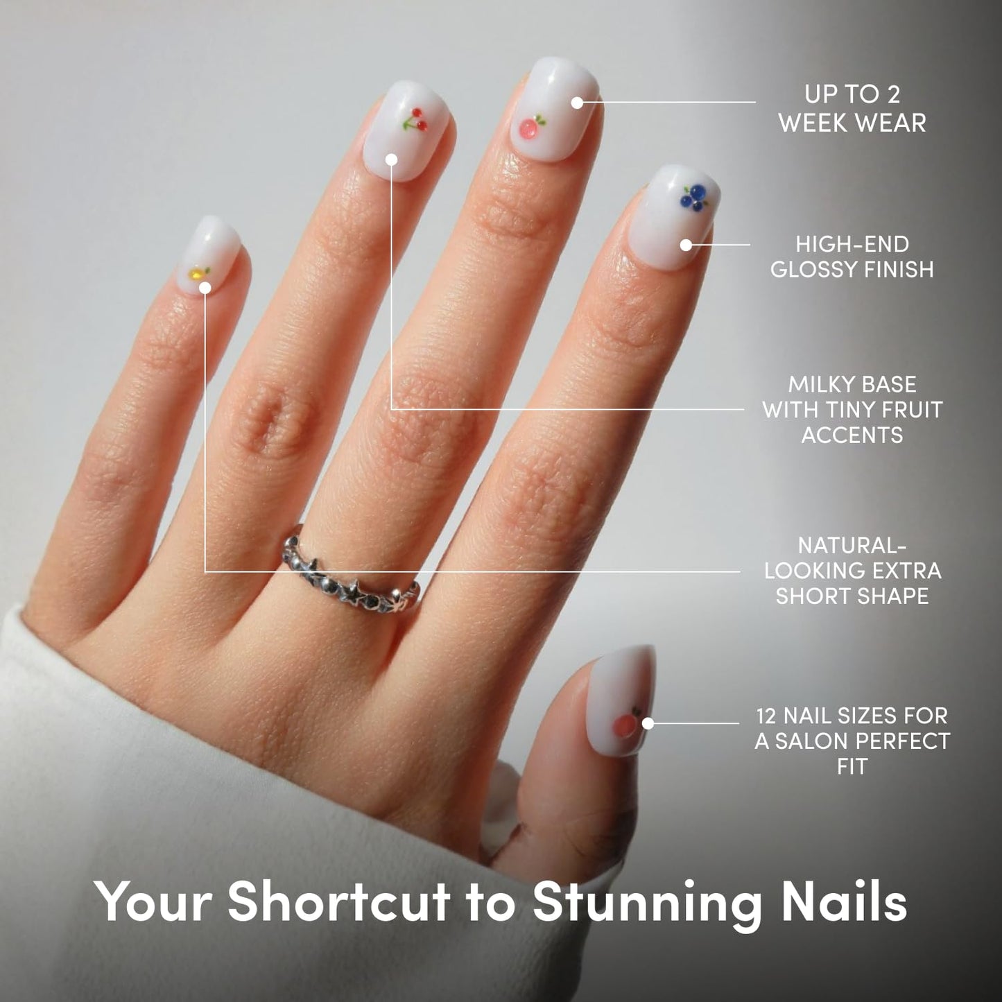 Glamnetic Press On Nails - White Extra Short 3D Fruit Nails | Salon Quality Summer Style | 30 Nail Kit with Glue