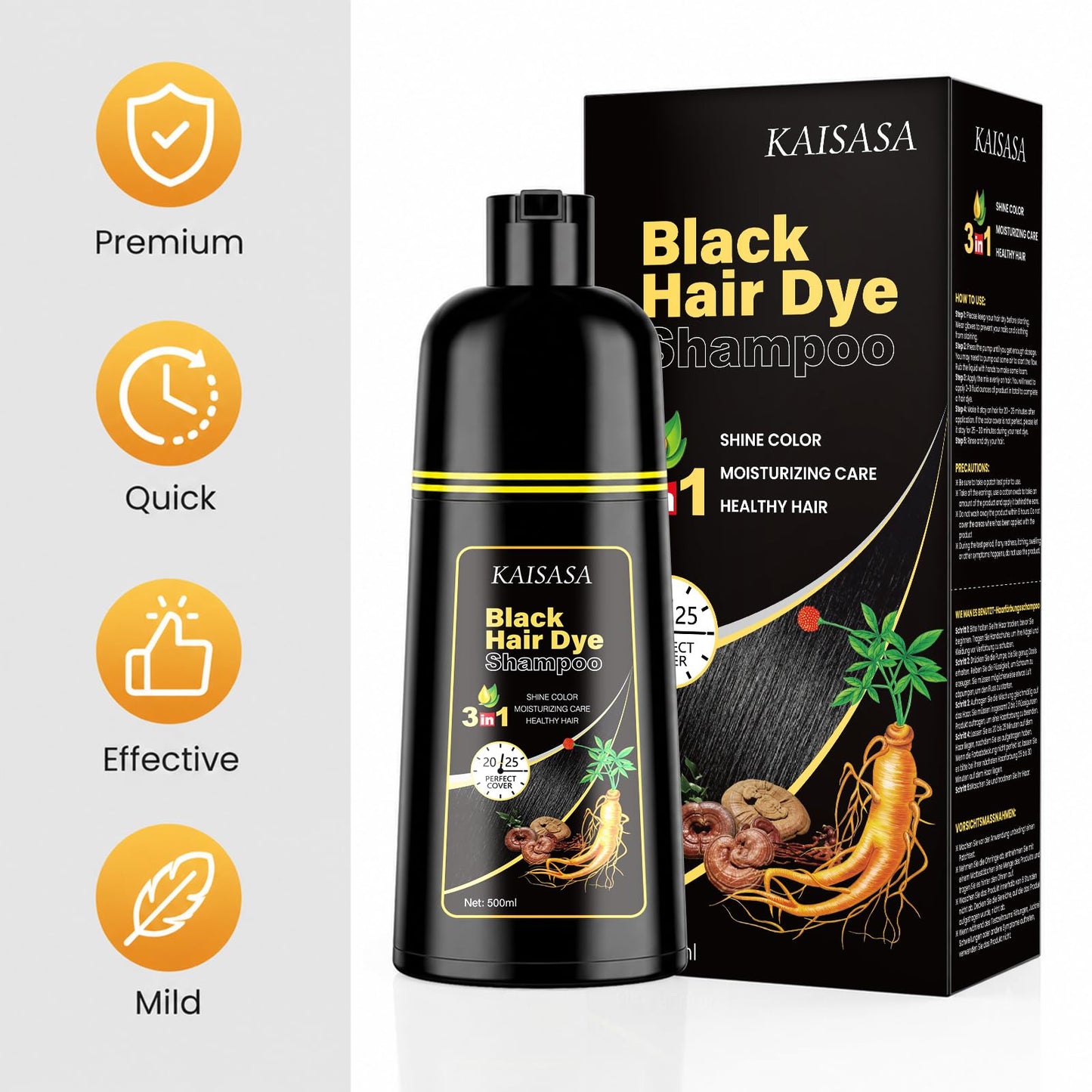 KAISASA Black Hair Dye Shampoo 3 in 1, Hair Color Shampoo for Women and Men, Hair Dye to Cover Gray Hair, Dye Shampoos for Grey Hair Coverage 500ml (Black)