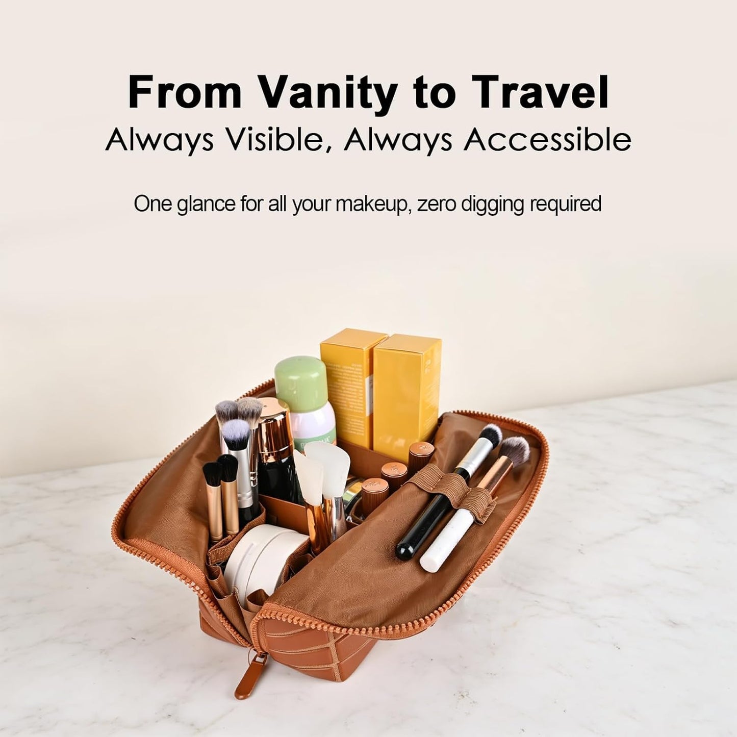 Erfgaiu Parallel Traveler Makeup Bag Fold Down Cosmetic Bag with Brush Holder Toiletry Bags Women Portable Stripe Organizer Case Brown S