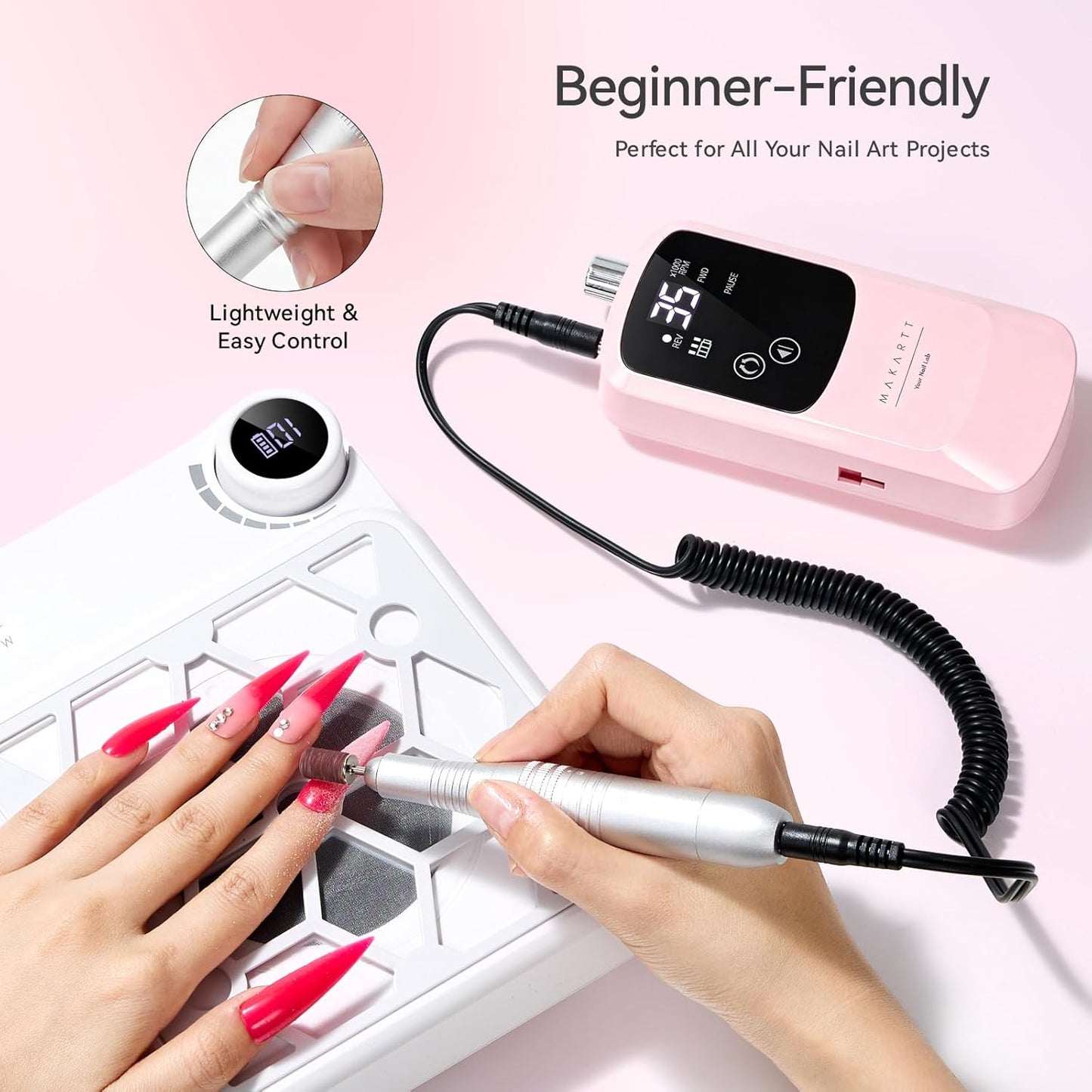 Rechargeable Electric Nail Drill - 35000 RPM Efile for Acrylic Gel Polishing | Cordless with LED Display & Storage Stand (Pink)