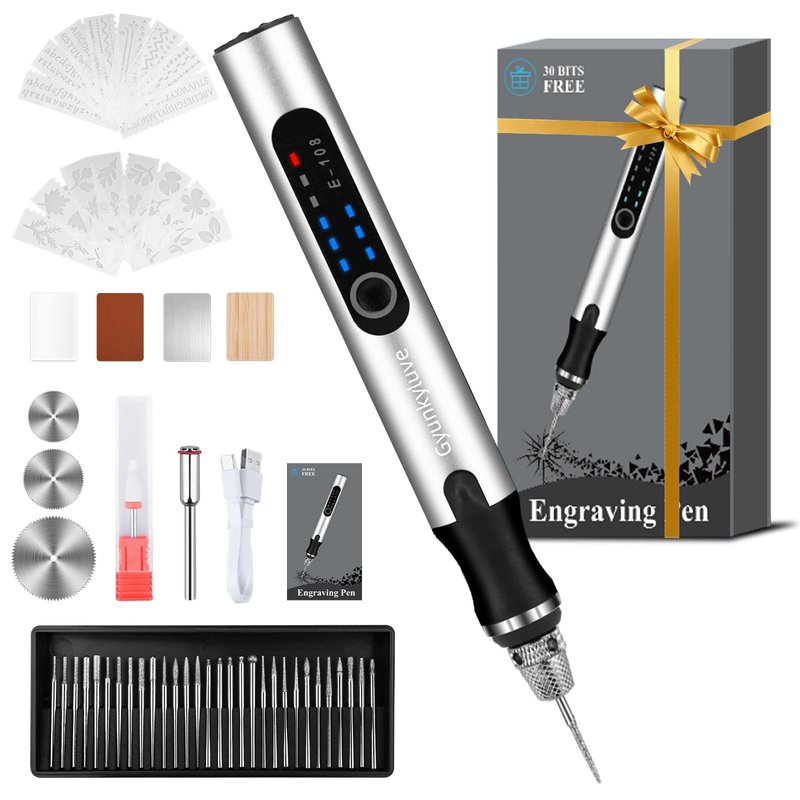 Upgraded Electric Engraving Pen, Wireless Engraving Pen Kit with 34 Bits & 3-Speed Adjust, Practice Materialse & Stencil, Rotary Tool for 60+ Surfaces Cordless Engraver Pen for Artists & DIY