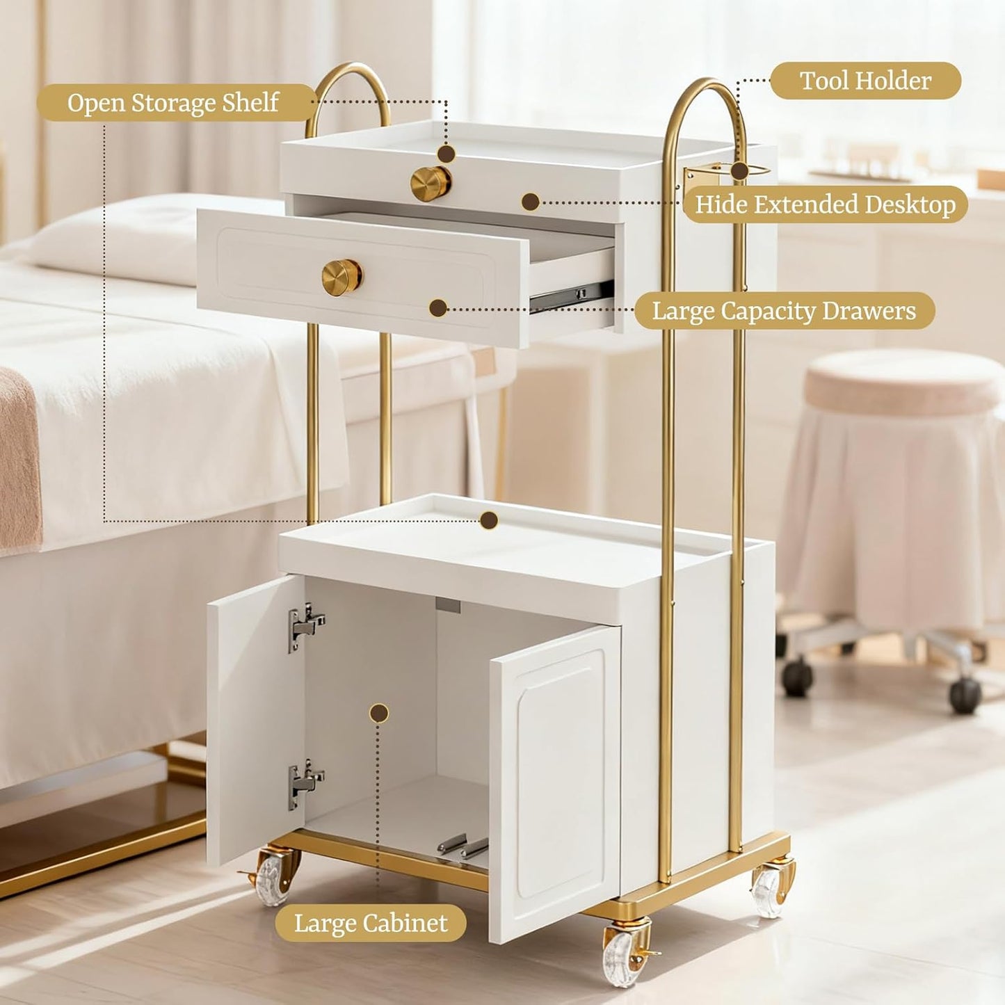 Salon Trolley Cart - Lockable Wheels & Storage Cabinet for Hair Stylists | White & Gold