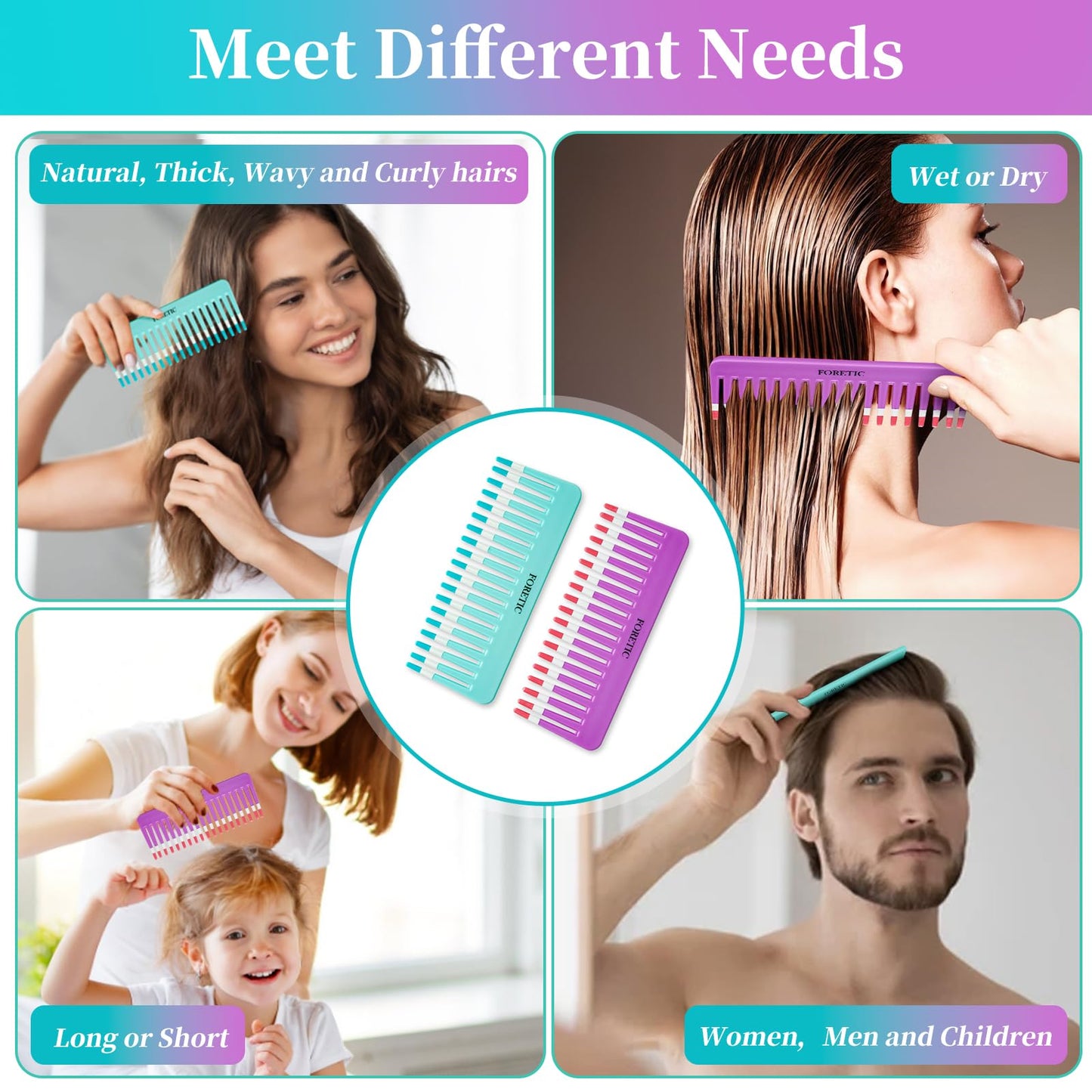 Foretic 2-Pack Wide-Tooth Anti-Static Comb Set-6.1inch Handle-Free Design, Suitable for Curly, Wet & Dry Hair, Portable Travel Detangling Comb (Purple+Blue)