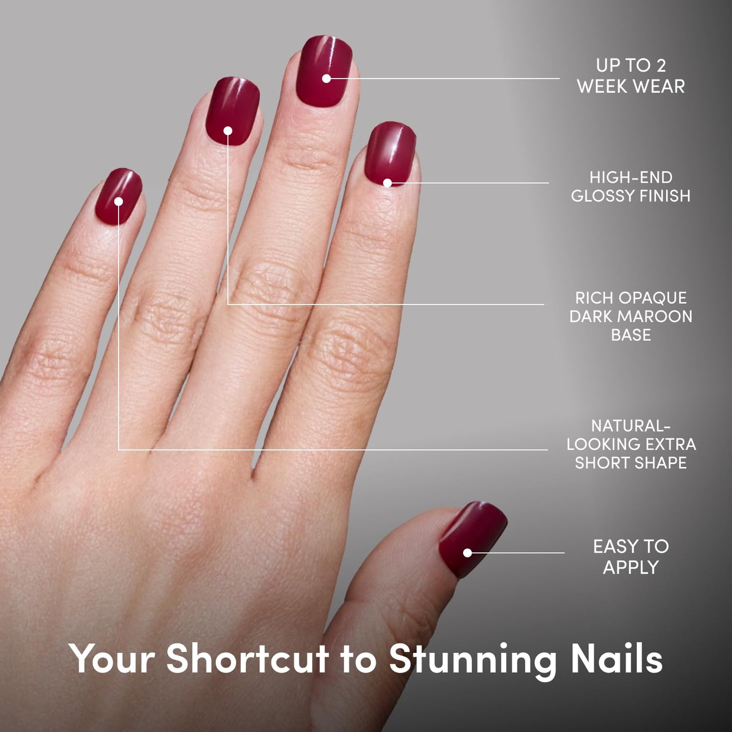 Glamnetic Press On Nails - Extra Short Fake Nails | Glossy Dark Maroon Press On Nails, Salon Quality Kit with Glue | Berry Baby - 30 Nail Set in 12 Sizes