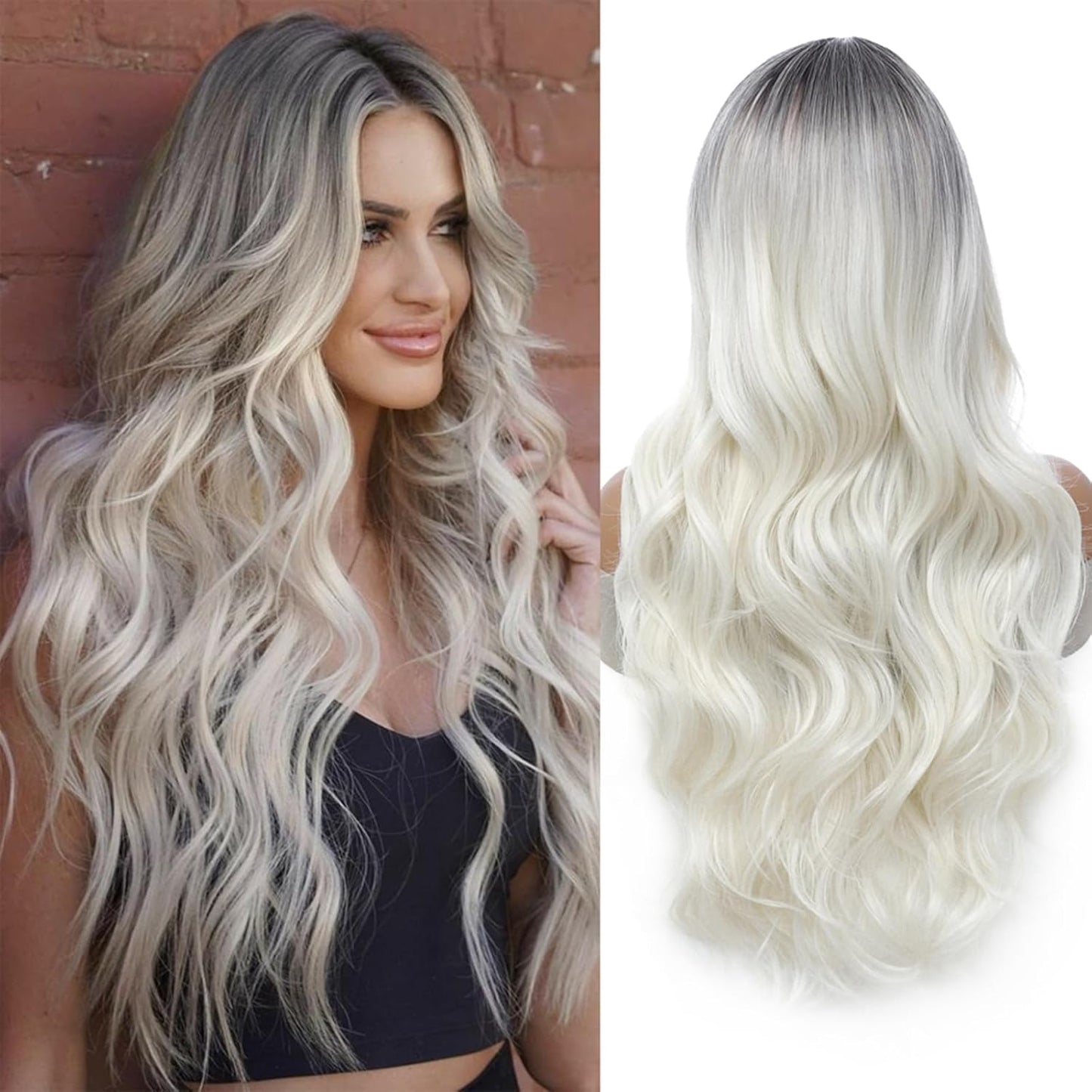 Ombre White Wig - 26 Inch Long Wavy Synthetic Hair for Daily Wear | Cosplay & Halloween