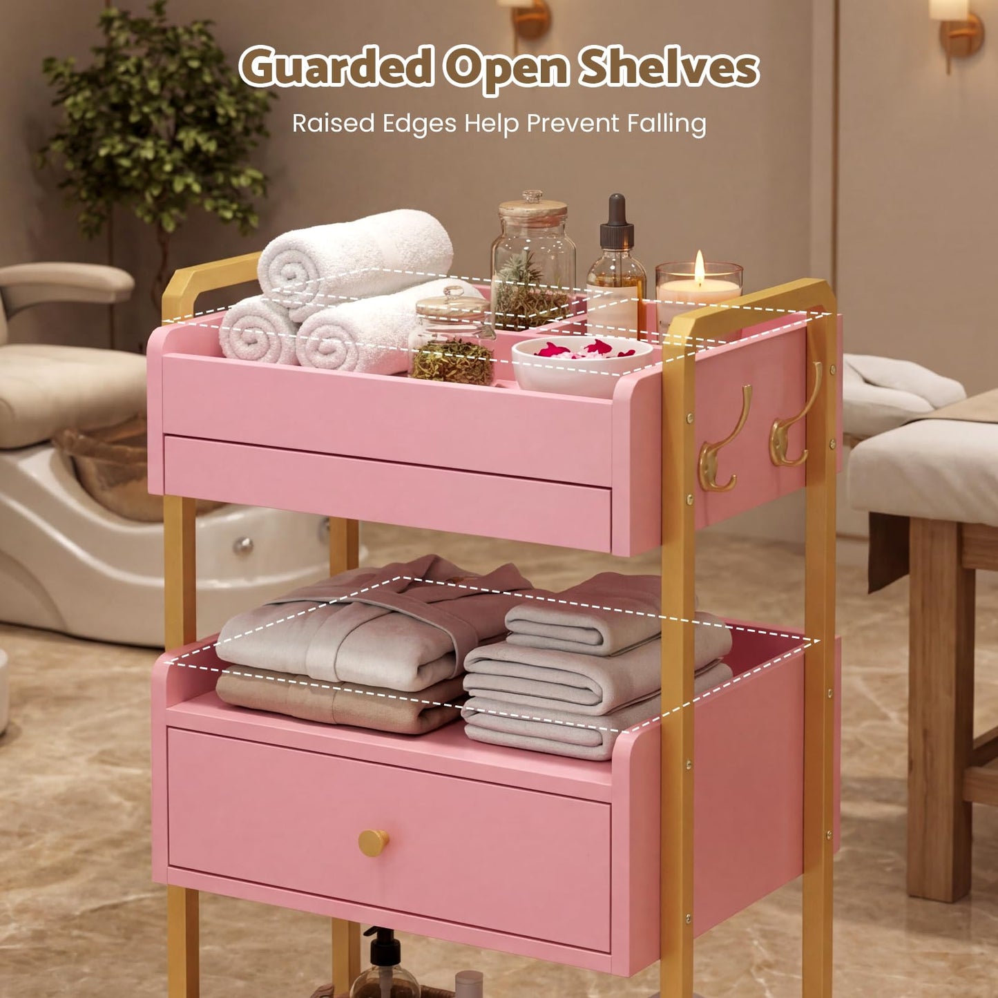 Salon Spa Cart with Wheels & Drawer, 3-Tier Rolling Beauty Storage Cart with Slide-Out Tray, Mobile Salon Cart for Esthetician, Beauty Salon and Spa Use (Pink)