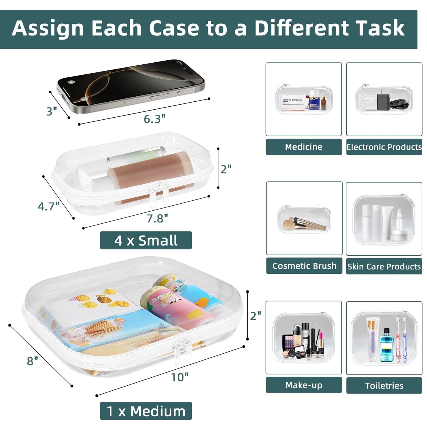 CarryEpic Clear Hard Shell Zipper Cases (5 Packs), Plastic Hard Sided Zippers Pouches Clear Hardshell Pencil Case For Storage, Diaper Bag Organizer Bliss Bins 4*Small/1*Medium
