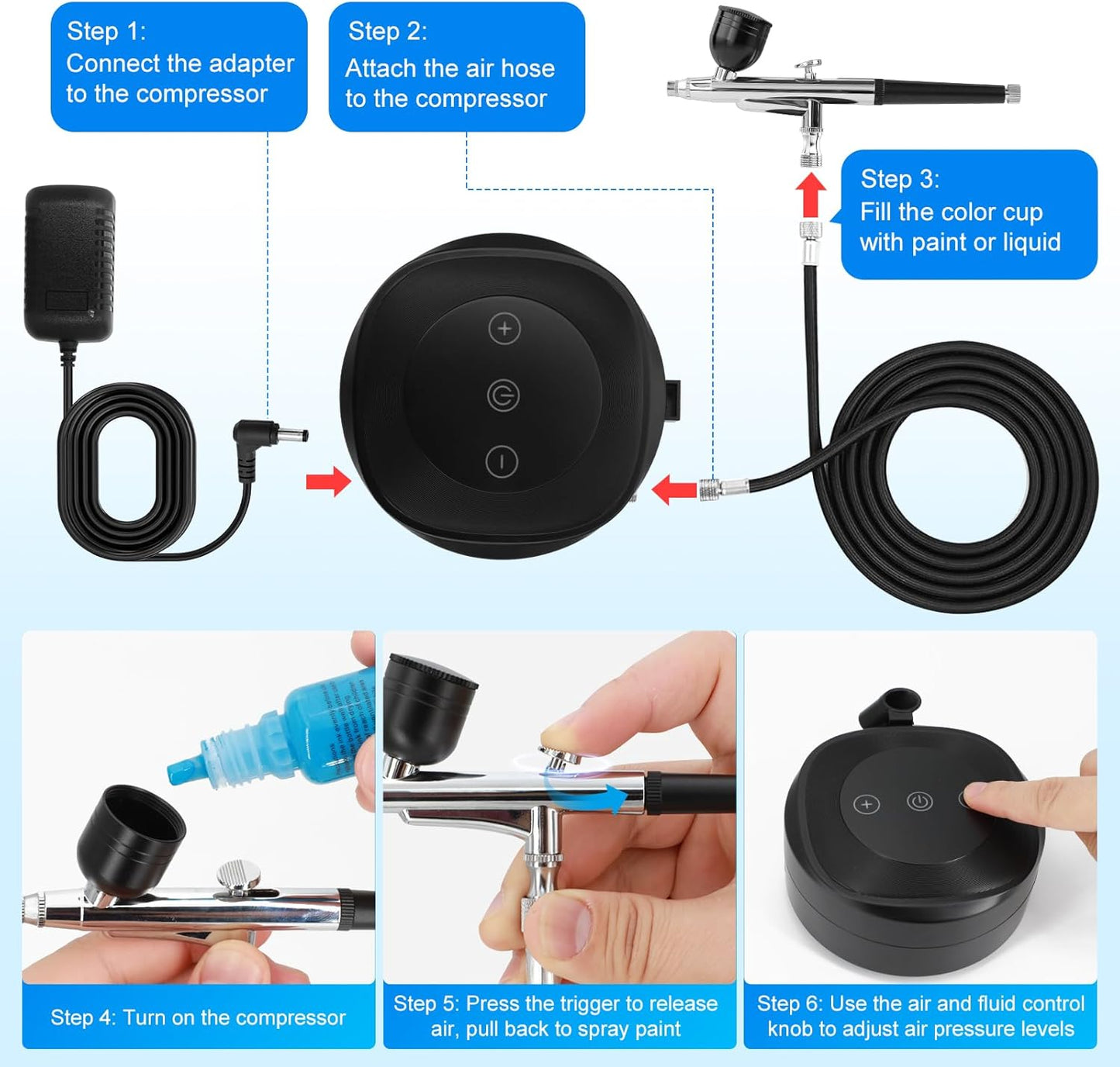 Airbrush Kit - 48 PSI Air Compressor with 3-Stage Pressure Control | 0.3/0.5 mm Nozzles for Painting, Nails & Makeup