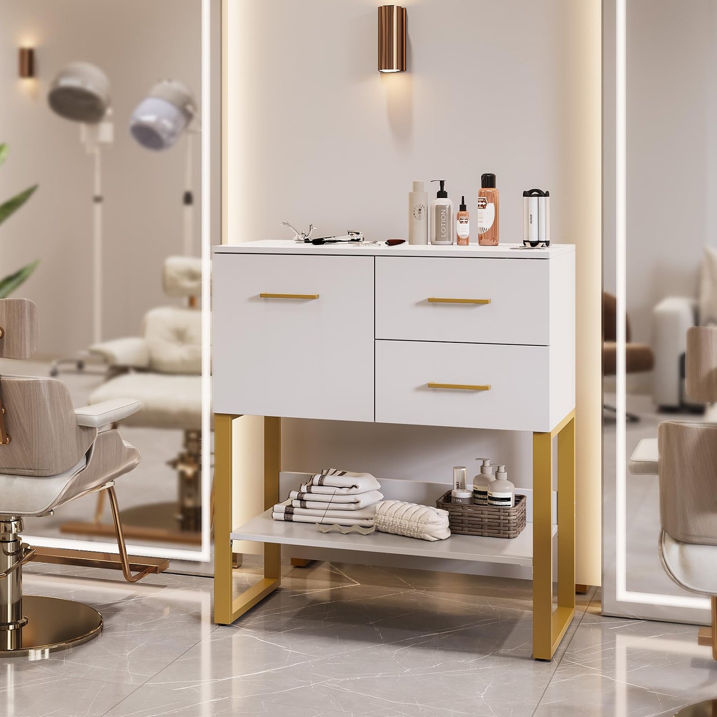 OmySalon Beauty Barber Station, Salon Stations for Hair Stylist, Salon Storage Cabinet with Drawers & Hair Dryer Holders, Styling Station for Spa Dresser Bathroom, White