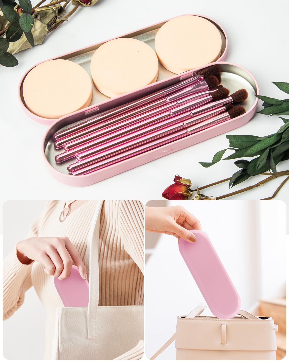 Makeup Brushes Set - 8Pcs Professional Eyeshadow & Eyebrow Brushes with 3 Powder Puffs | Pink Case