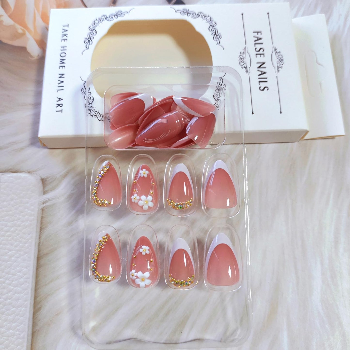30Pcs White French Tip Press on Nails Medium Almond 3D Flower Fake Nails with Gold Rhinestone Designs Summer Pink False Nails Handmade Stick on Nails Artificial Nails Spring Glue on Nails for Women
