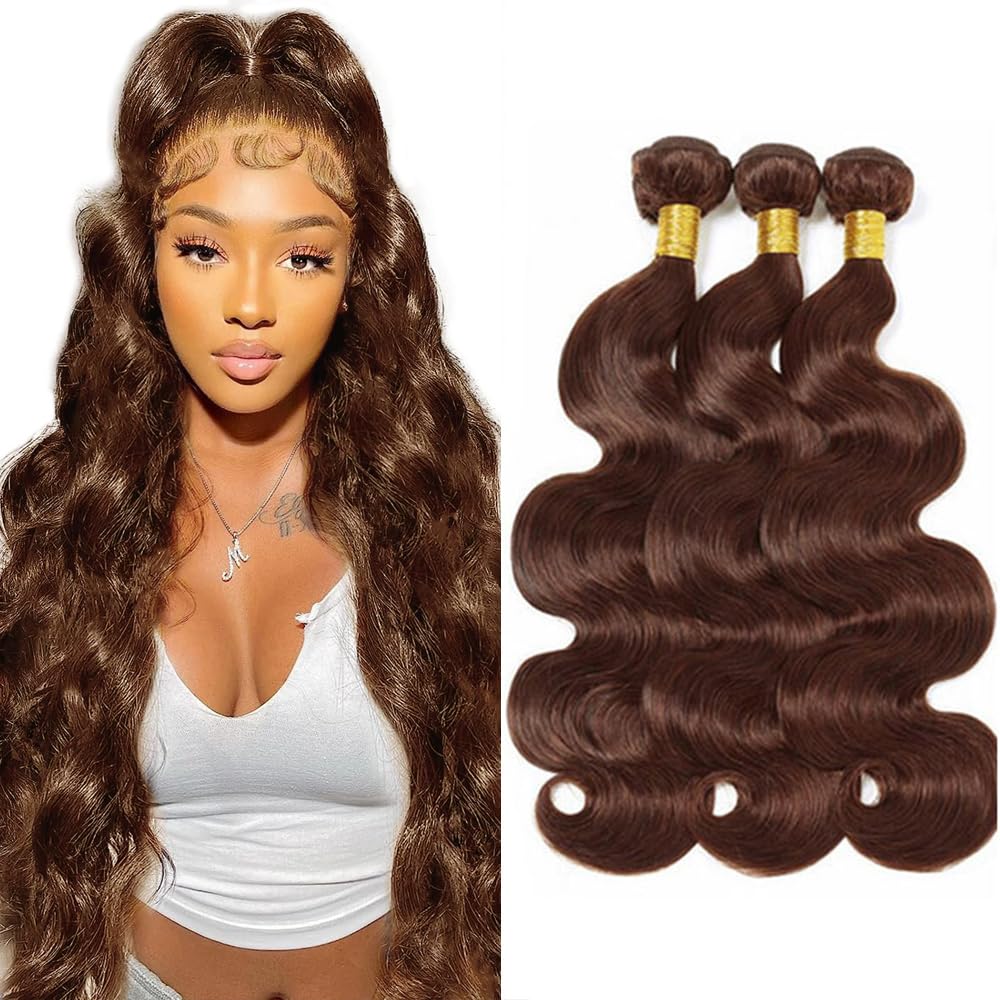 #4 Chocolate Bundles Human Hair Body Wave Bundles 28 30 32 Inch Brown Unprocessed Brazilian Virgin Hair 3 Bundle 50 Gram Per Bundle Deals Quick Weave Hair Extensions