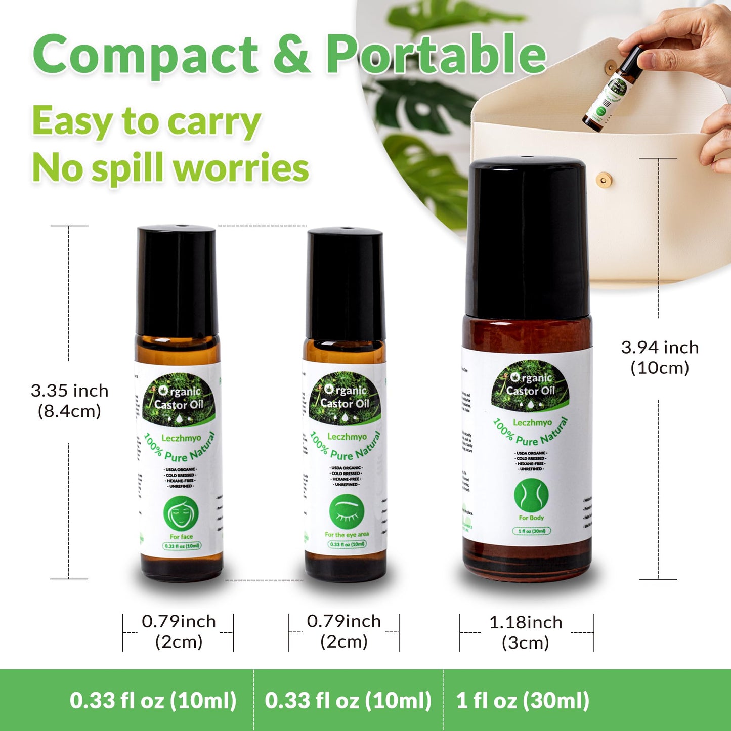 Leczhmyo Organic Castor Oil Roll on for Belly, Face, Body, Under Eyes– Certified Organic, Cold Pressed, Hexane Free, Unrefined – 3 Glass Bottle Pure Roller Ball Castor Oil to Moisturize Skin, Lips