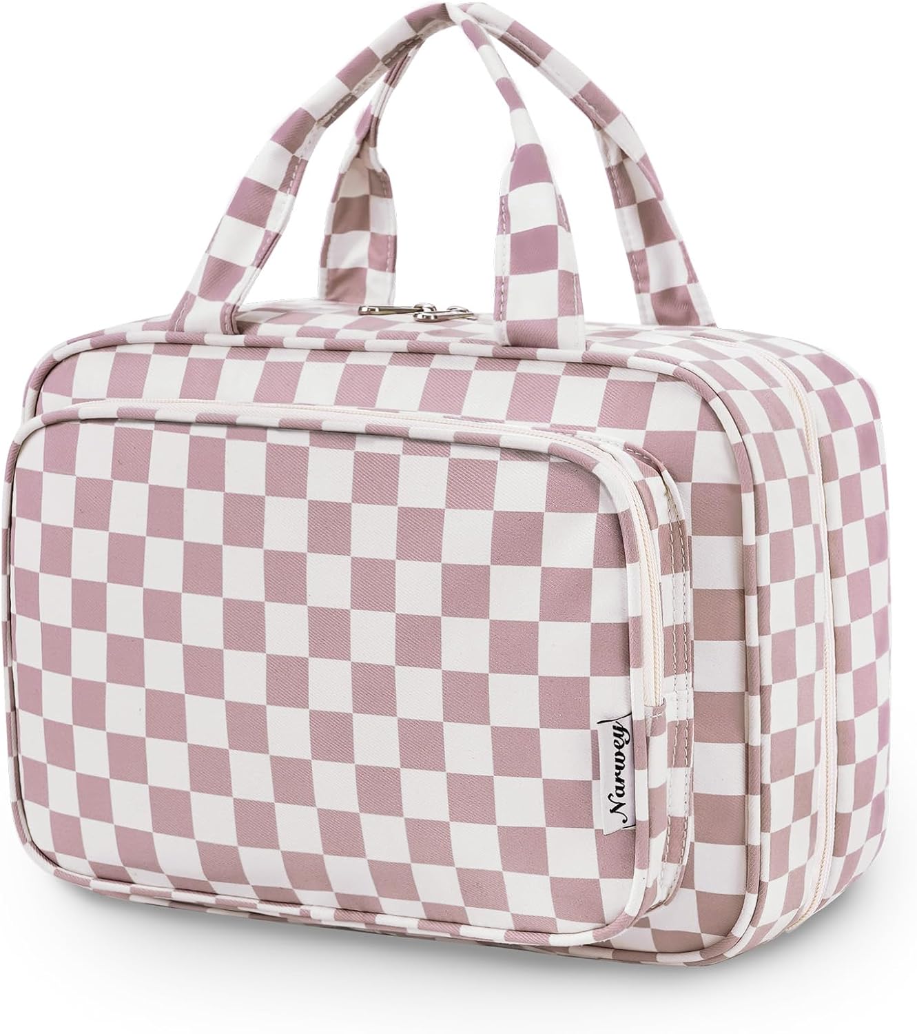 Striped Hanging Toiletry Bag for Women - Travel Makeup Organizer | Medium Dusty Pink Stripe